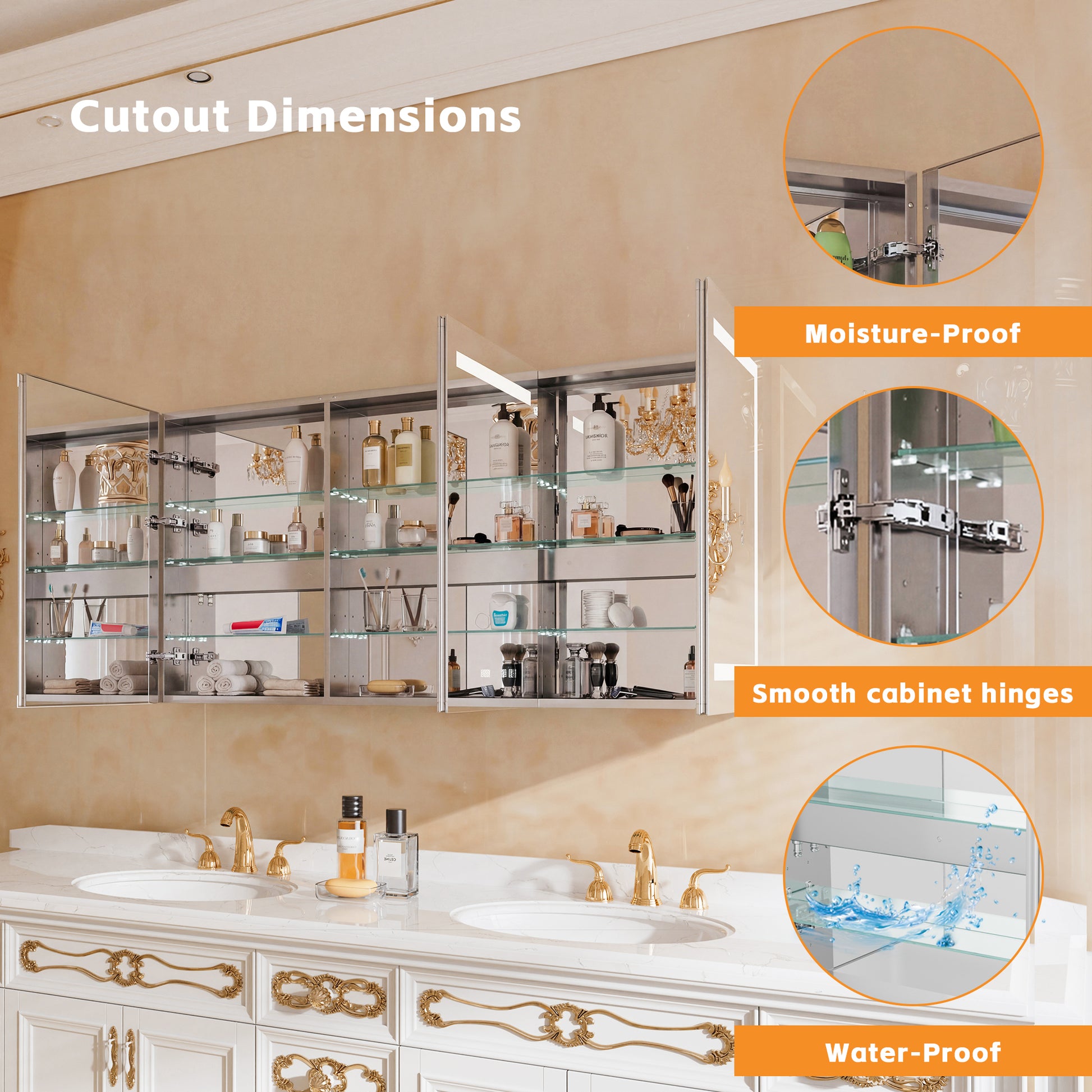 72" W x 36" H LED Lighted Bathroom Medicine Cabinet with Mirror, Tempered Glass Door, Anti-Fog Function and Adjustable Shelves Storage Cabinet (Copy)