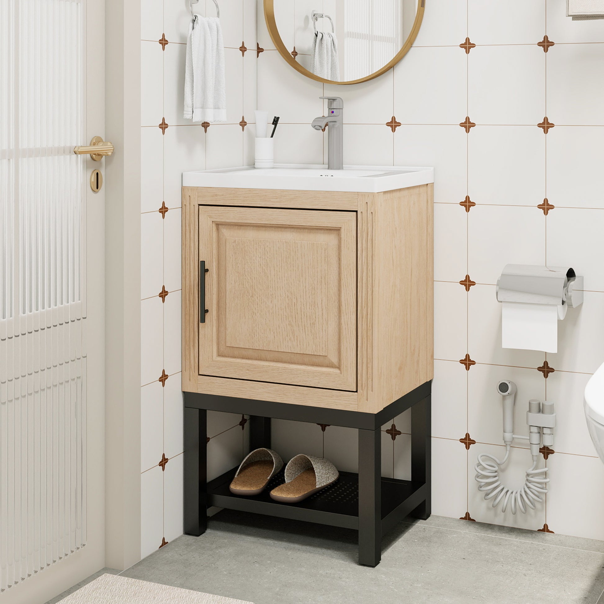 Freestanding Bathroom Vanity with White Ceramic Sink & Hot and Cold Faucet