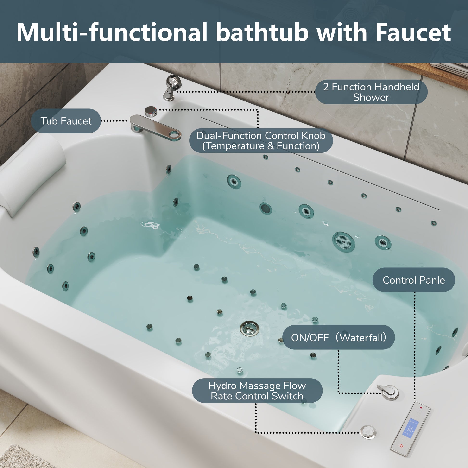 73" Freestanding Dual-Headrest Soaking Tub with Whirlpool, Air Bubble SPA
