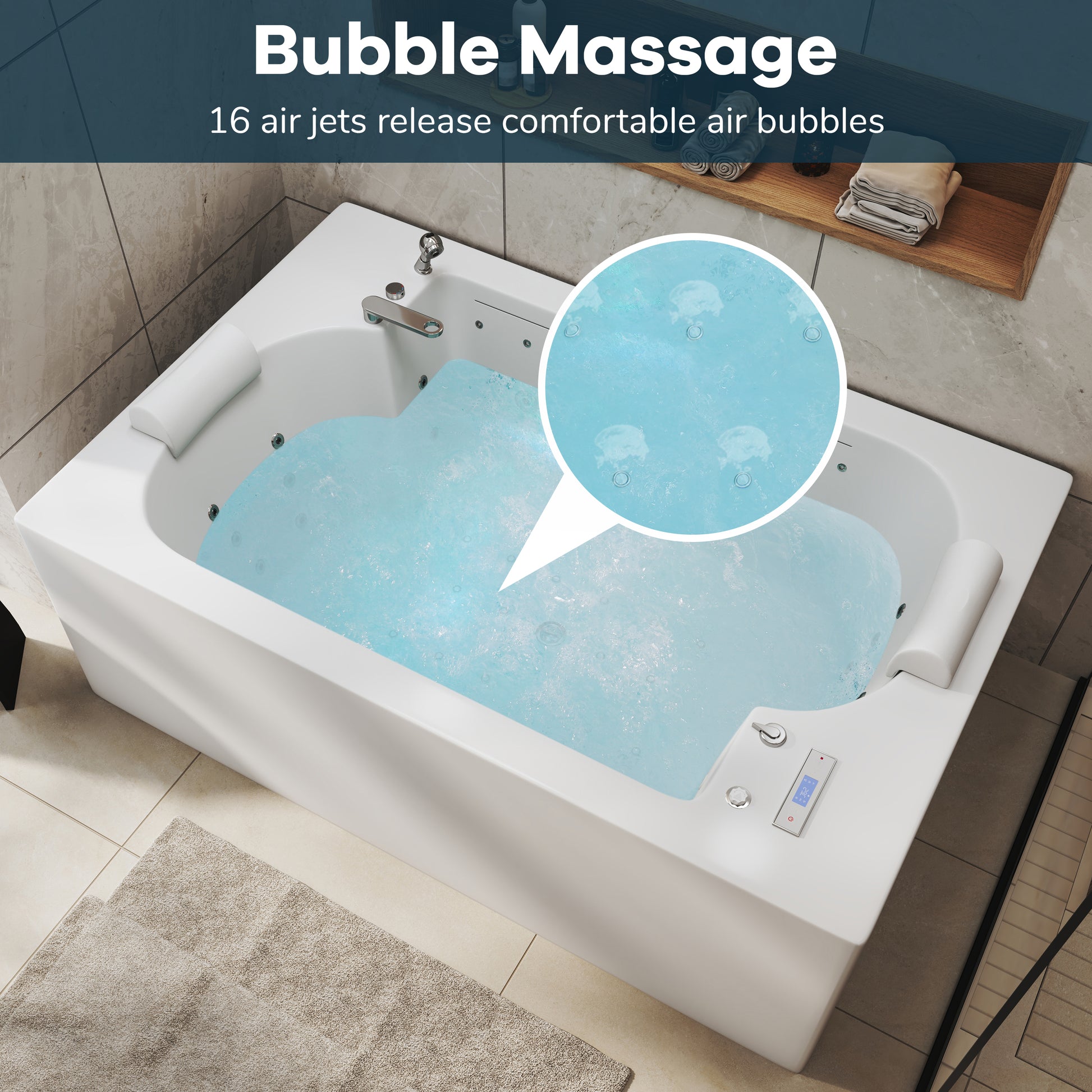 73" Freestanding Dual-Headrest Soaking Tub with Whirlpool, Air Bubble SPA