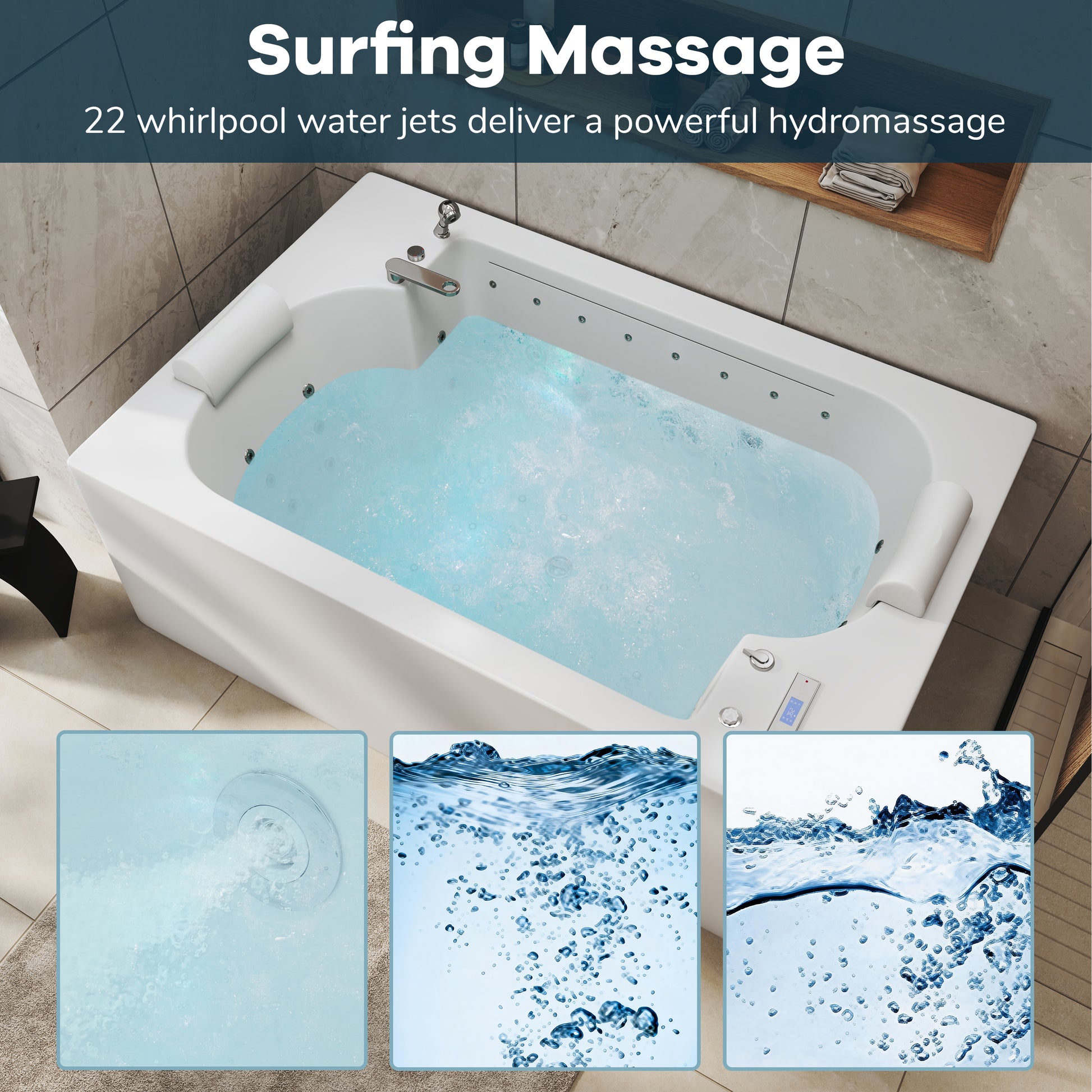73" Freestanding Dual-Headrest Soaking Tub with Whirlpool, Air Bubble SPA