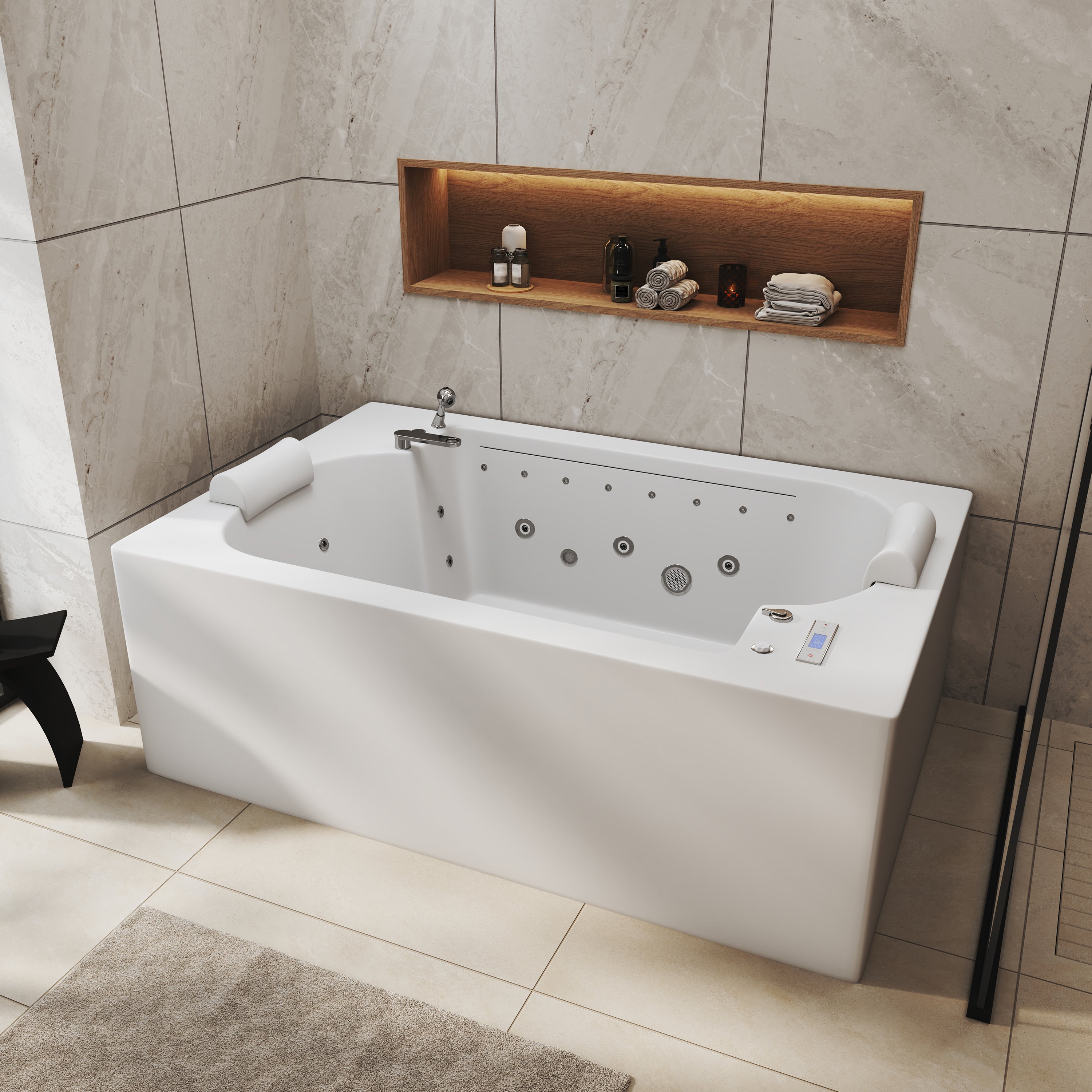 Freestanding Dual-Headrest Tub with Whirlpool & LED Waterfall