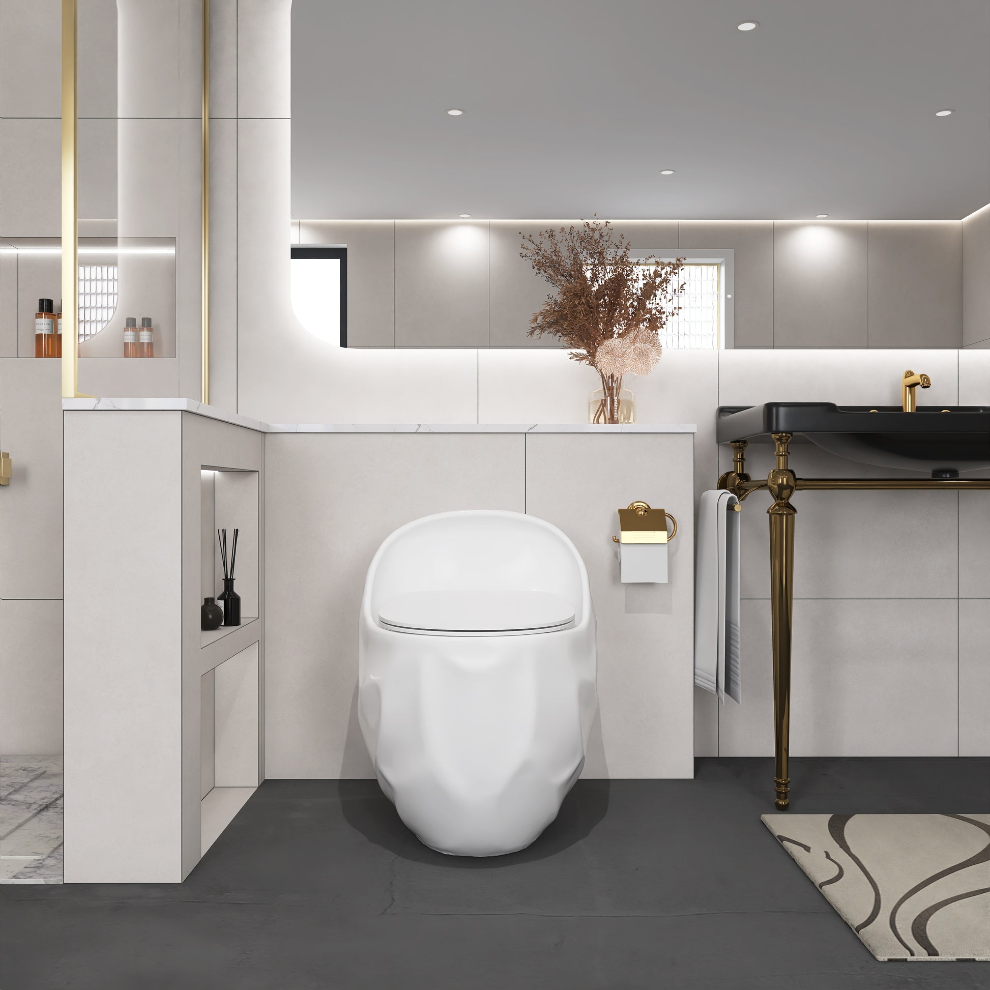 Egg Shape 1-Piece Toilet in Glossy White/Black with 1.28 GPF Single Flush