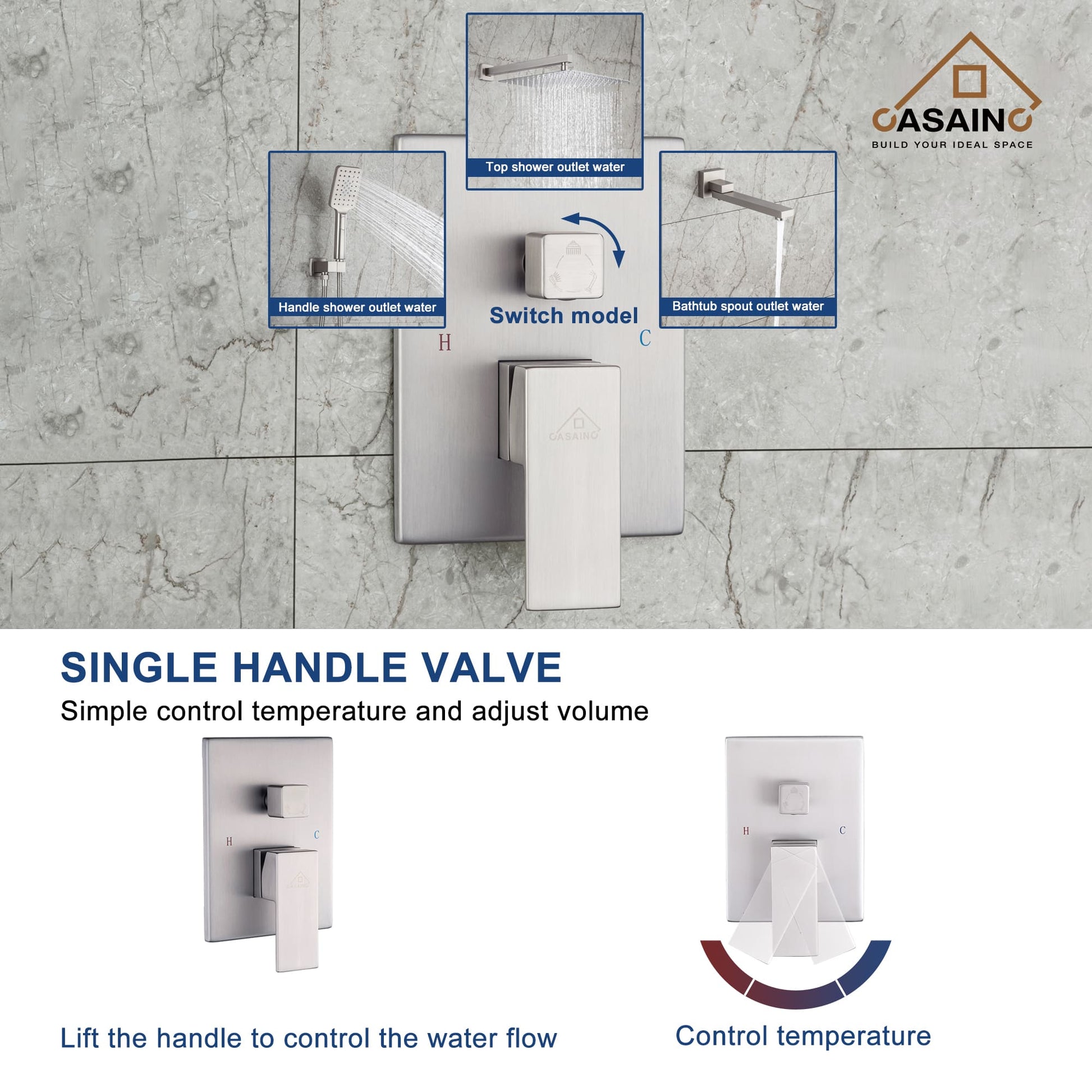 CASAINC Shower System with Rain Shower and Handheld and Tub Faucet Shower Set 