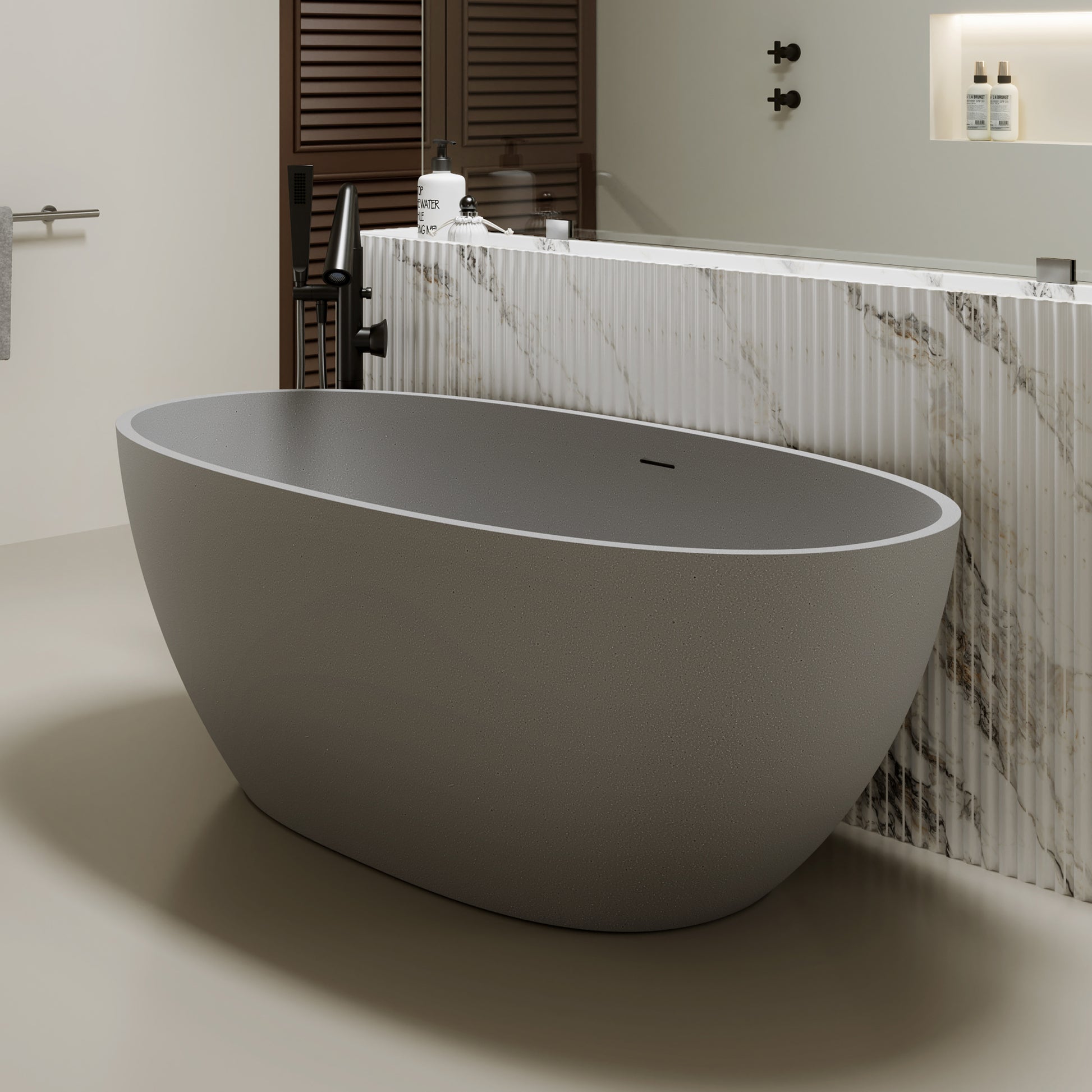 55"/59"/63"/67"/71" Contemporary Grey Stone Resin Soaking Tub with Oval Design and Center Overflow
