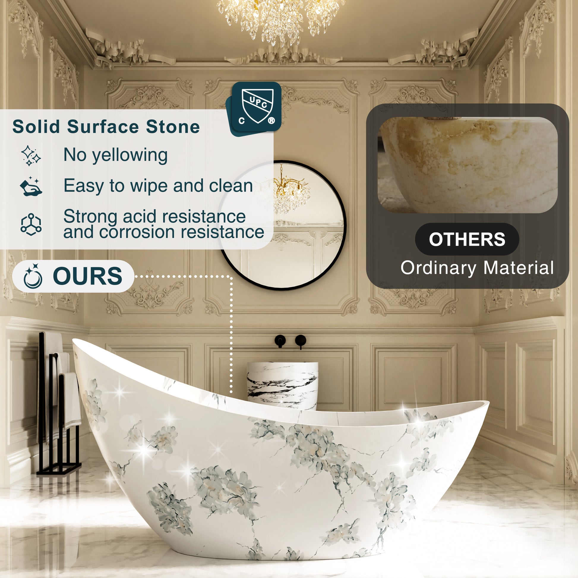 74" Sculptural Freestanding Solid Surface Bathtub with Artistic Ink-Wash Finish - Veinflow