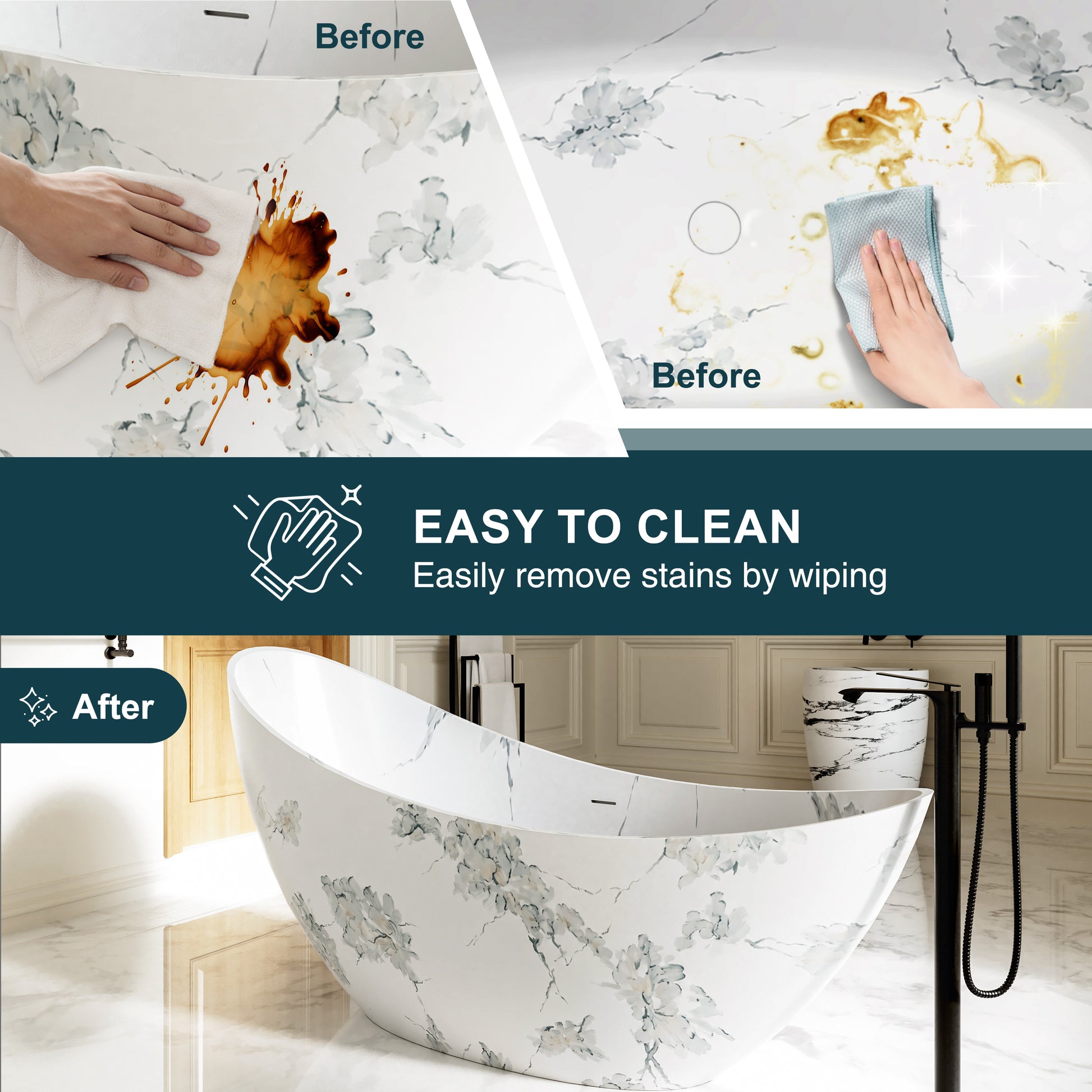 74" Sculptural Freestanding Solid Surface Bathtub with Artistic Ink-Wash Finish - Veinflow