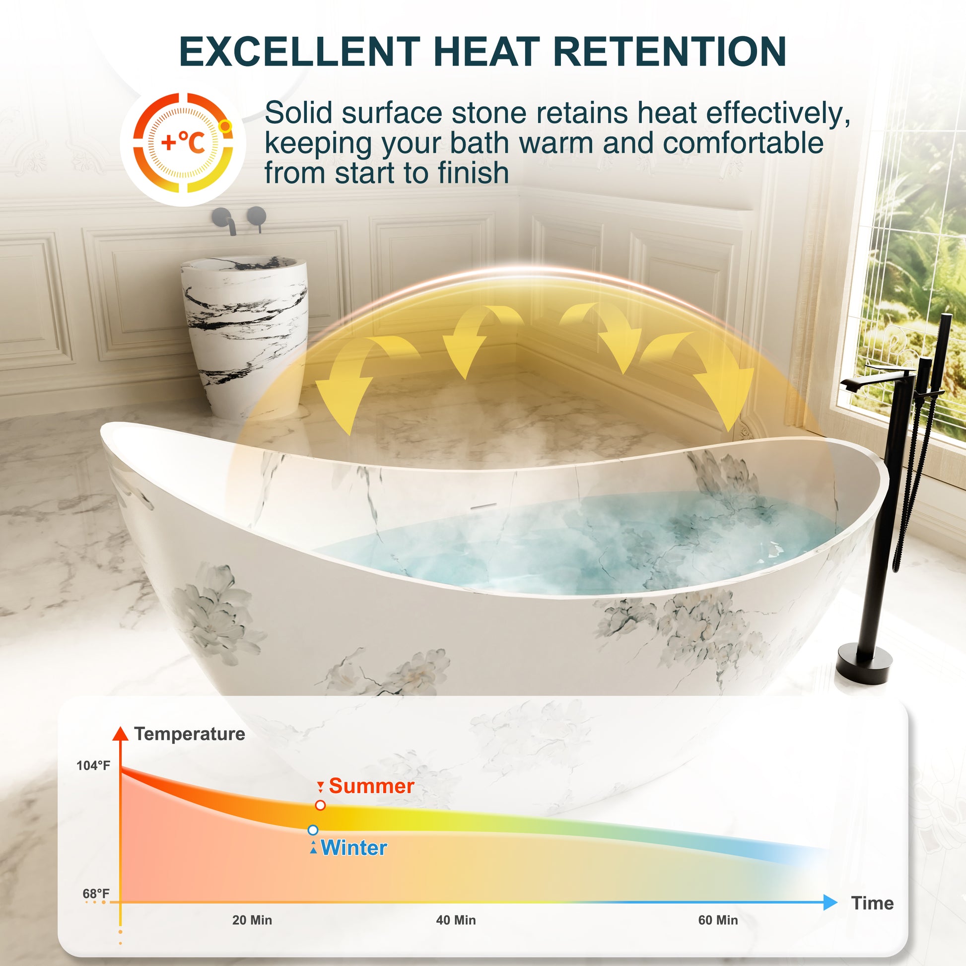74" Sculptural Freestanding Solid Surface Bathtub with Artistic Ink-Wash Finish - Veinflow