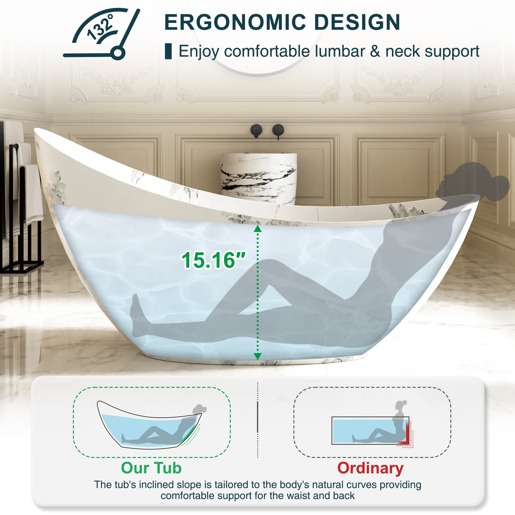 74" Sculptural Freestanding Solid Surface Bathtub with Artistic Ink-Wash Finish - Veinflow