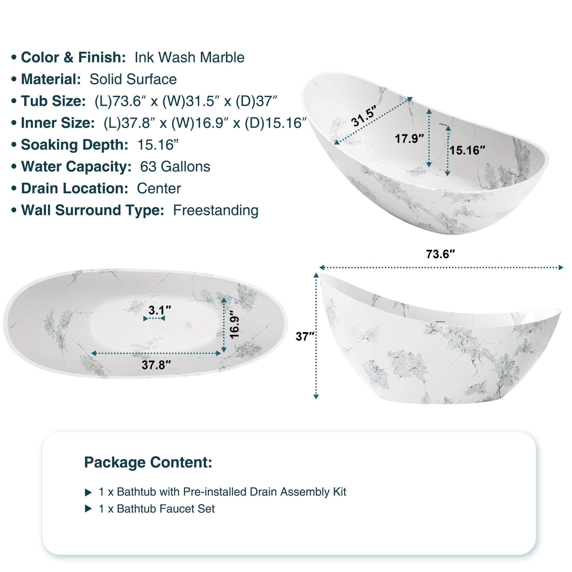74" Sculptural Freestanding Solid Surface Bathtub with Artistic Ink-Wash Finish - Veinflow