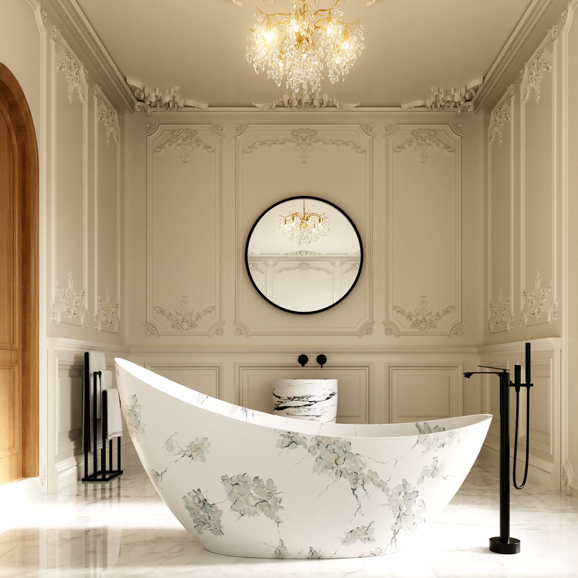 74" Sculptural Freestanding Solid Surface Bathtub with Artistic Ink-Wash Finish - Veinflow