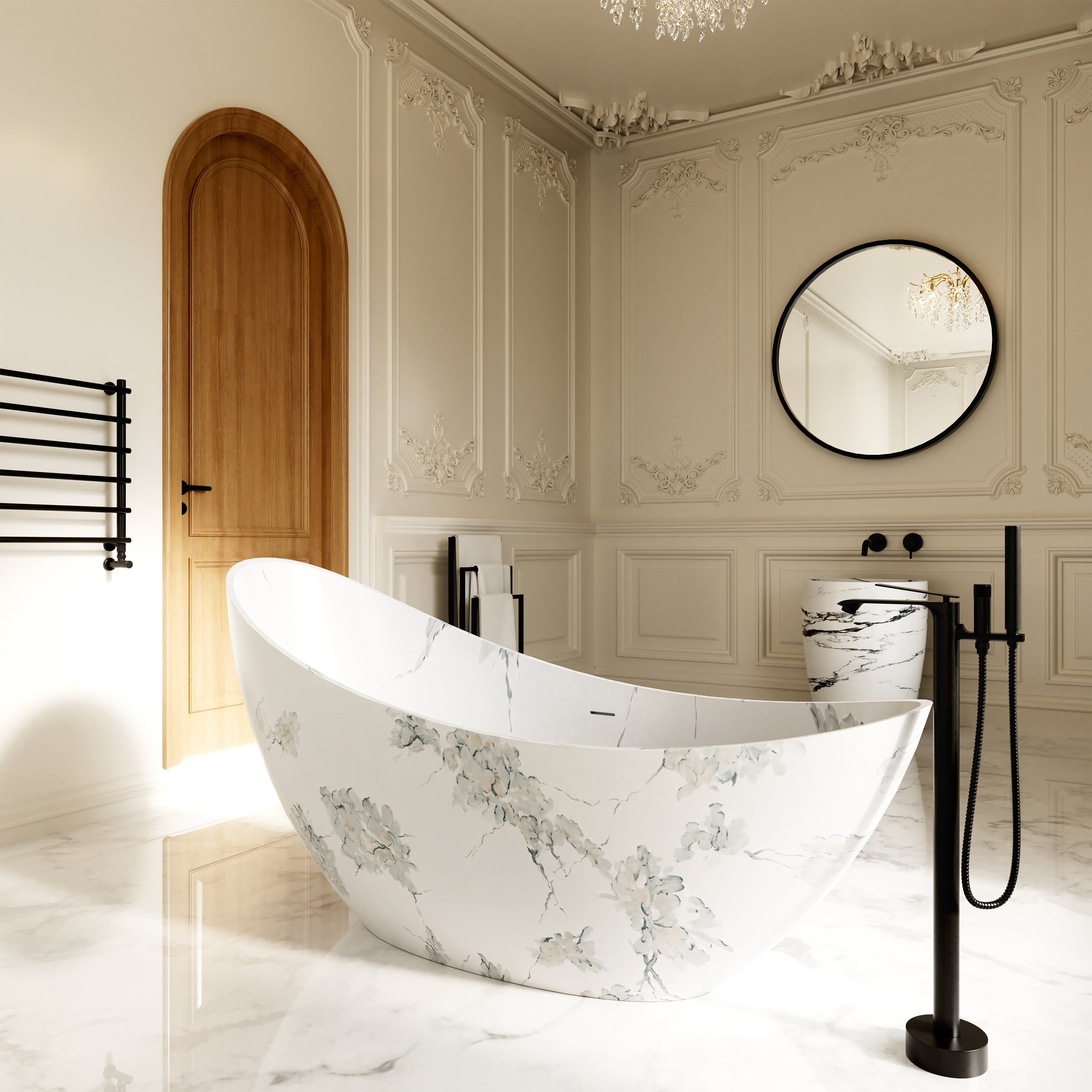 74" Sculptural Freestanding Solid Surface Bathtub with Artistic Ink-Wash Finish - Veinflow