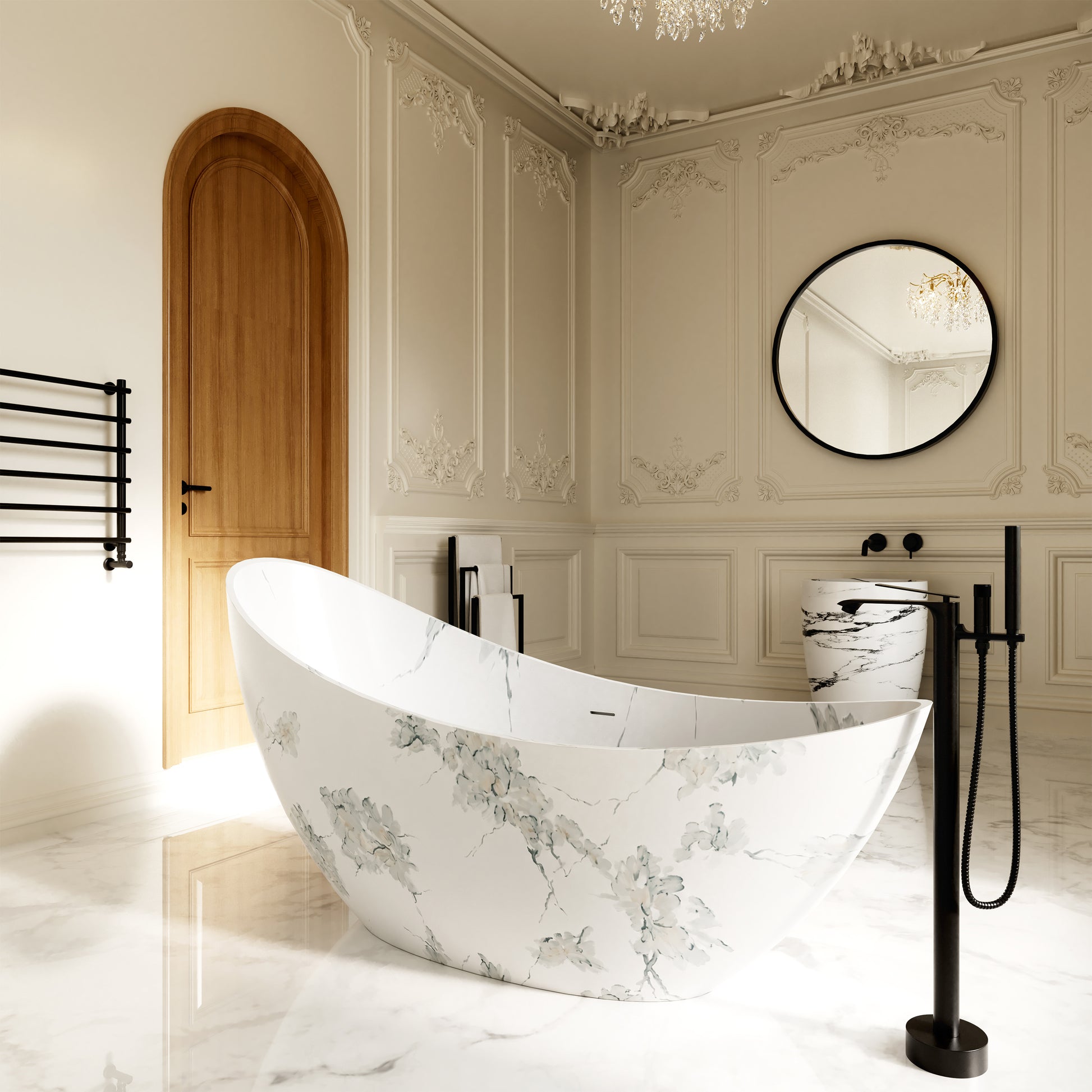 74" Sculptural Freestanding Solid Surface Bathtub with Artistic Ink-Wash Finish - Veinflow