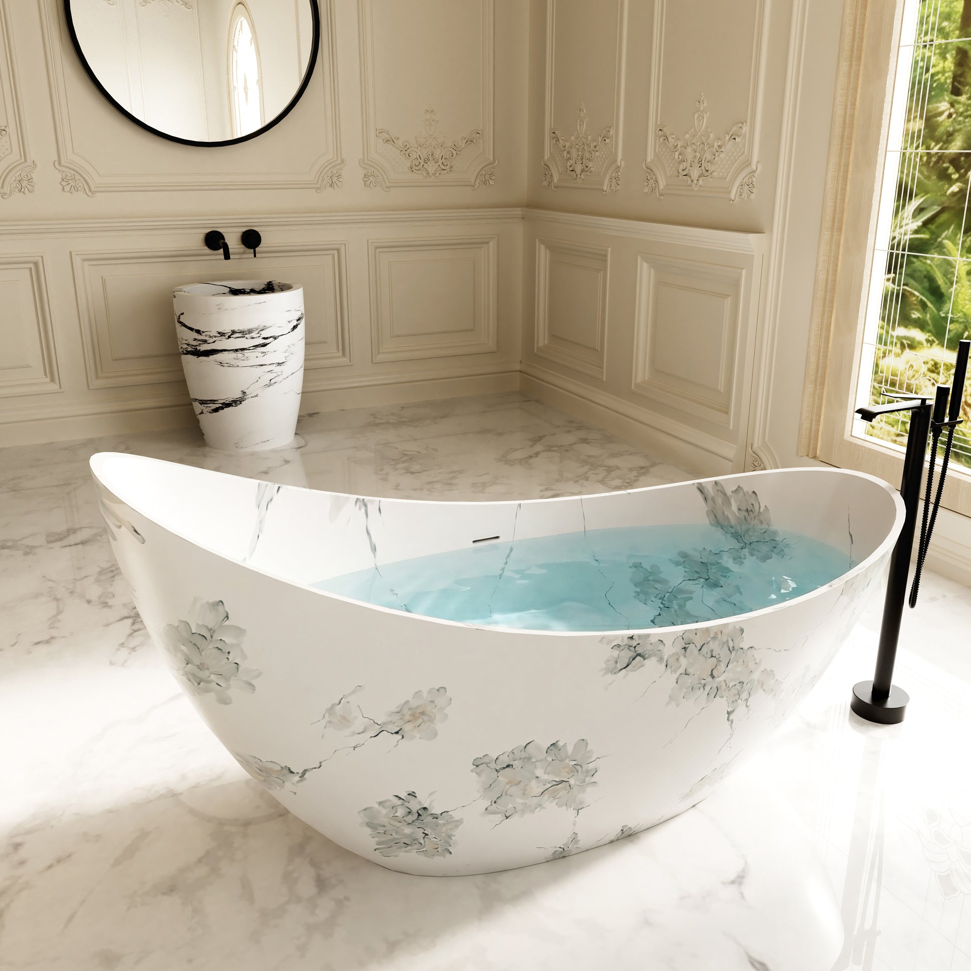74" Sculptural Freestanding Solid Surface Bathtub with Artistic Ink-Wash Finish - Veinflow