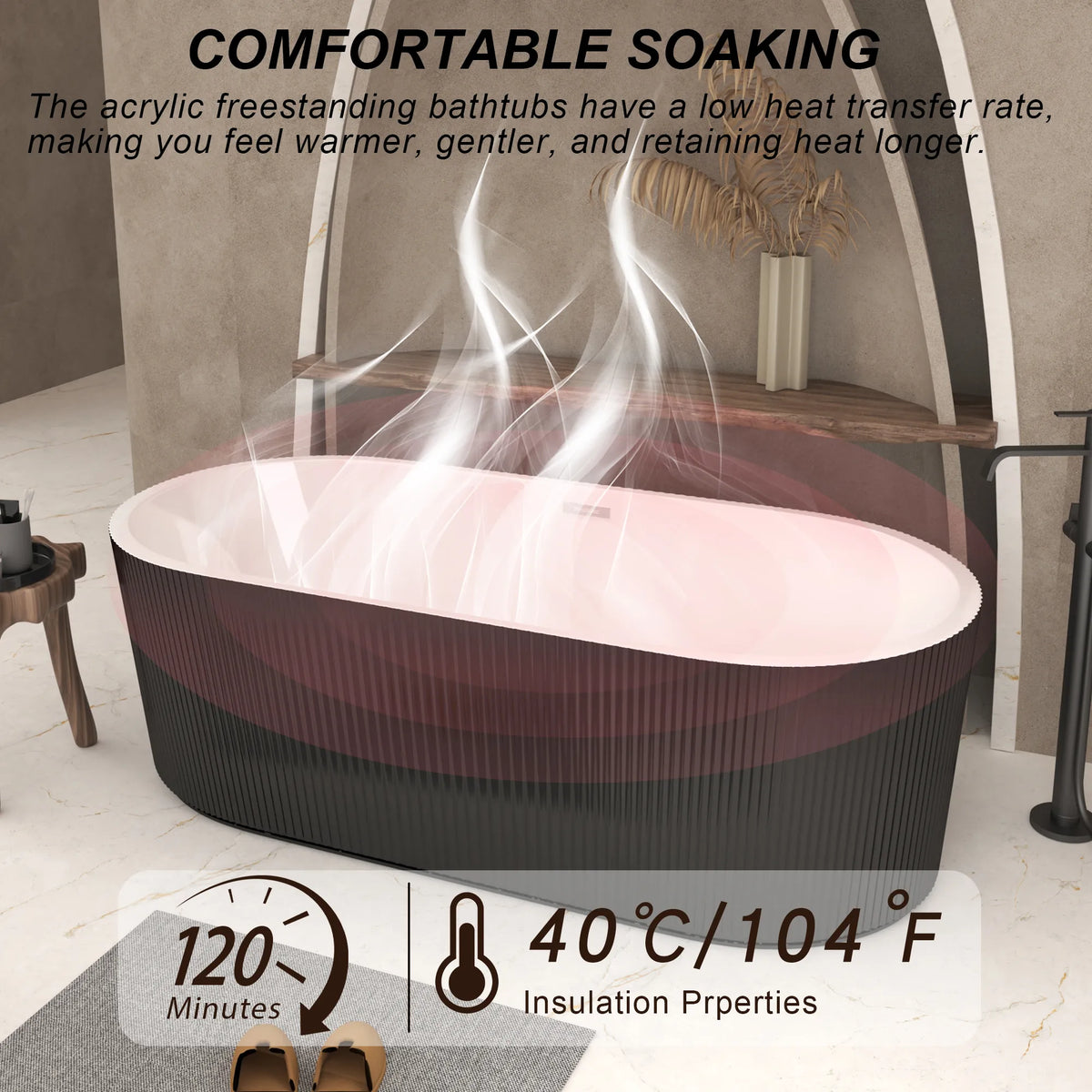 59"/67" Acrylic Freestanding Bathtub with Vertical Fluted Exterior, Gloss Black/White