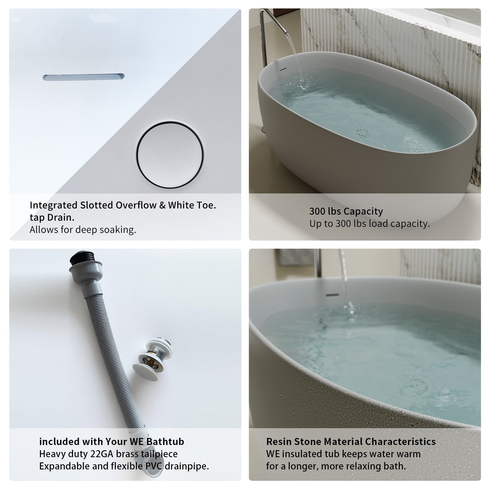 51" Freestanding Stone Resin Soaking Tub with One-Side Overflow, Turquoise Green/Beige/Cream Grey/Grey