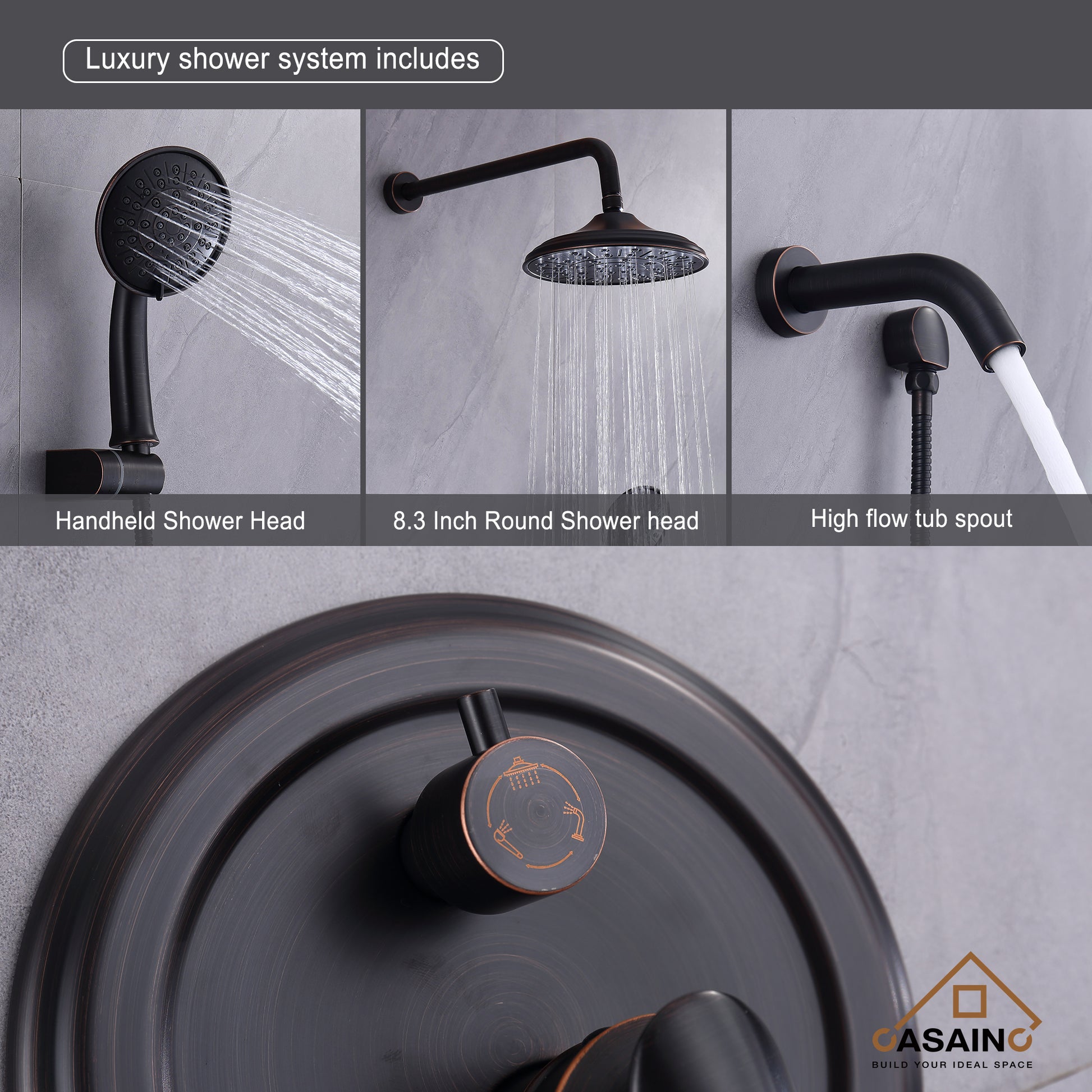 CASAINC 8.3 inch Wall-mounted rain shower faucet with pressure balanced valve