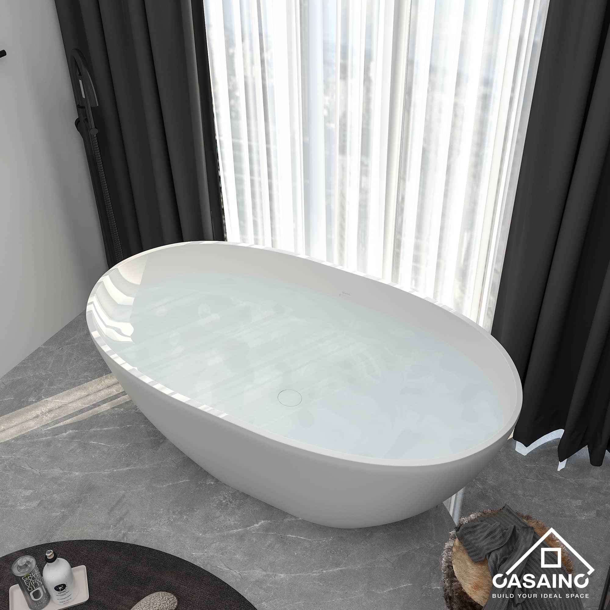 CASAINC 55 in. Solid Surface Free-Standing Bathtub with Centre Drain in Matte White