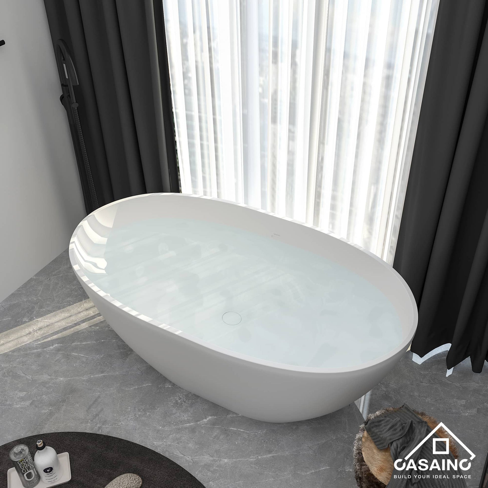 CASAINC 55 in. Solid Surface Free-Standing Bathtub with Centre Drain in Matte White