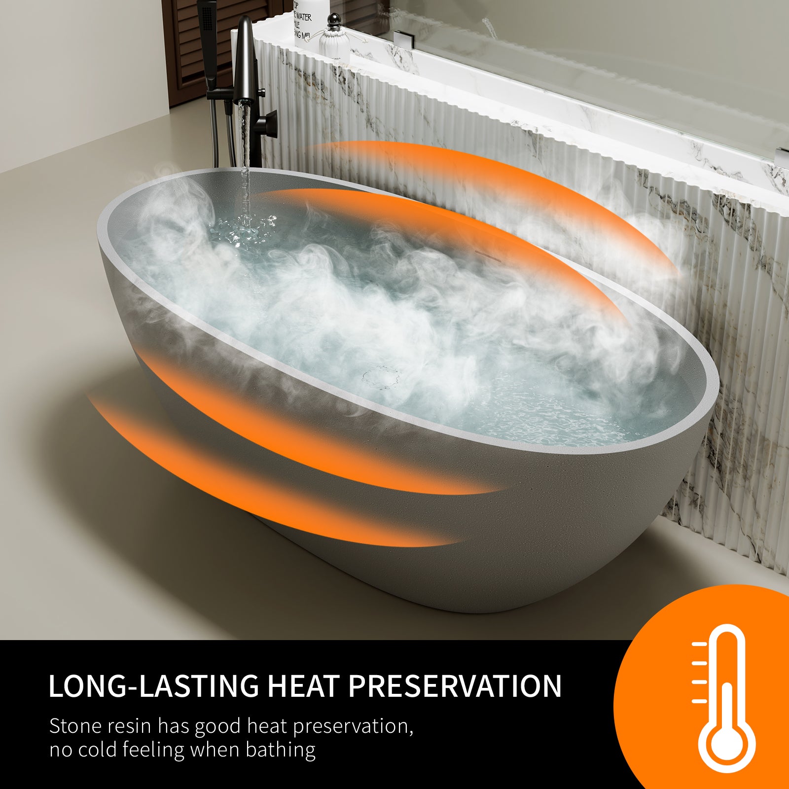 55"/59"/63"/67"/71" Contemporary Grey Stone Resin Soaking Tub with Oval Design and Center Overflow