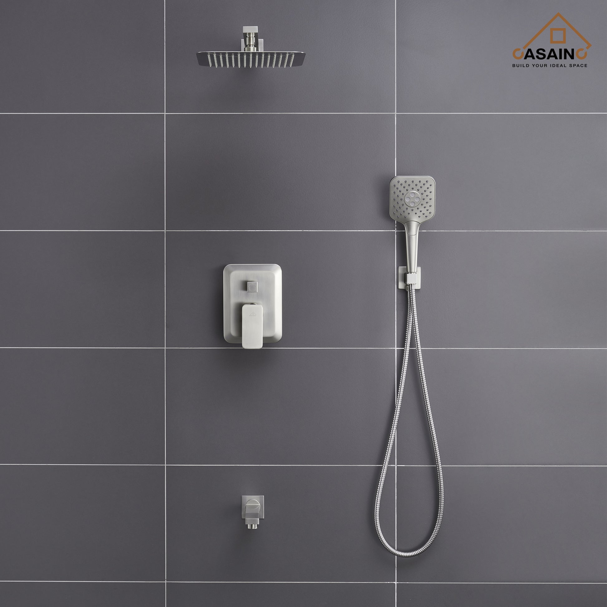 CASAINC 10 inch Square Wall-mounted rain shower faucet with pressure balanced valve