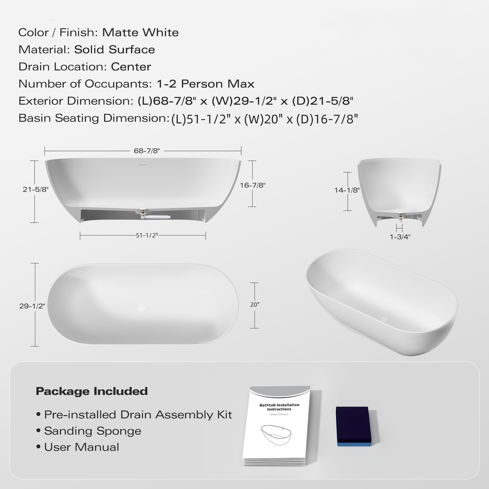 59"/63"/69" Modern Stone Resin Freestanding Soaking Tub with Spa-Level Comfort