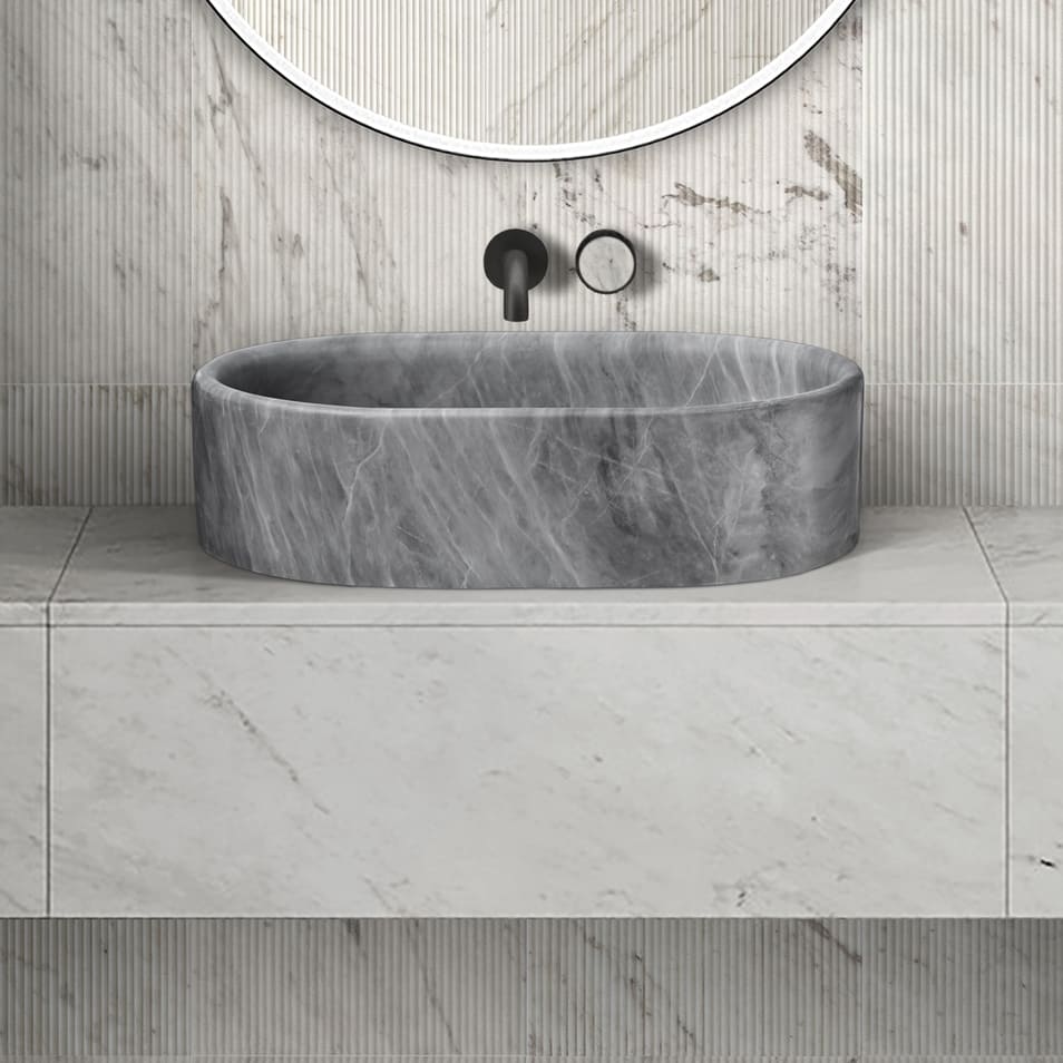 23.6" Natural Marble Vessel Sink with Polished Finish – Real Stone Bathroom Basin in  Beige Gold/White Natural/Gray/Green