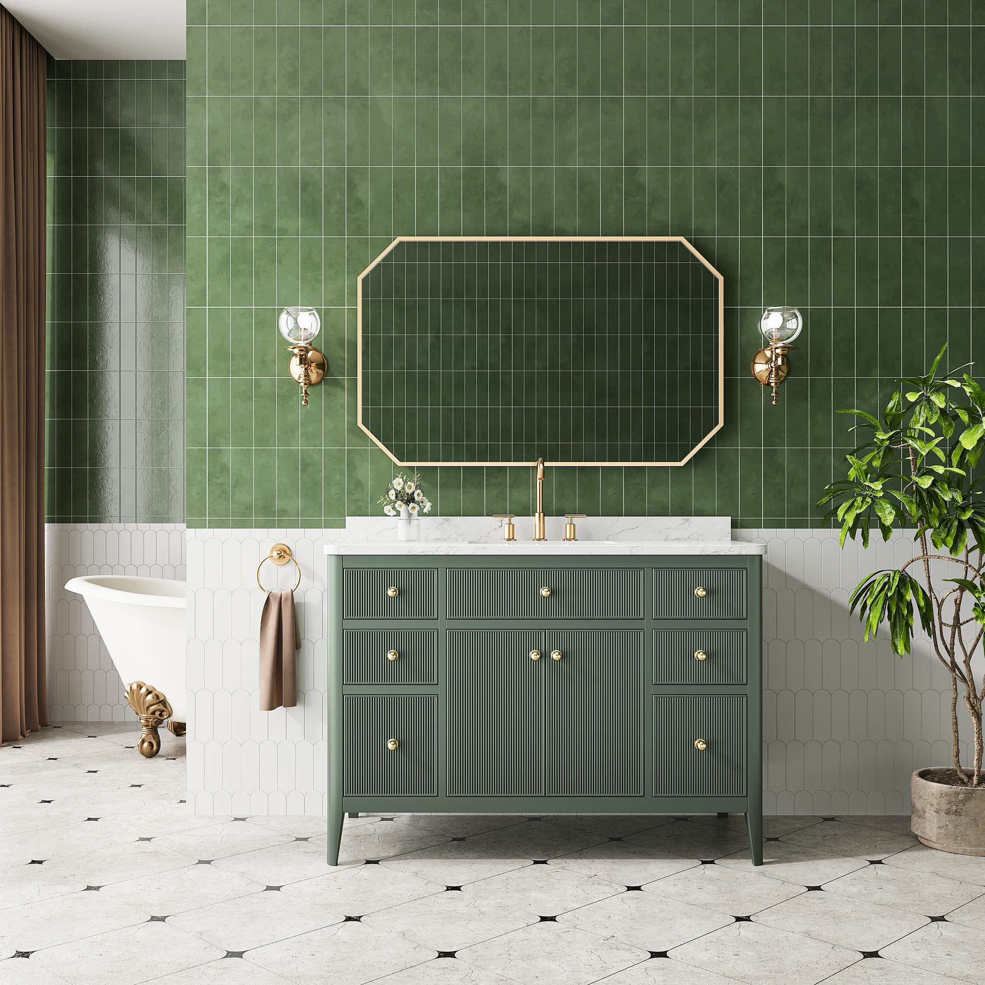 30"/36"/48" Freestanding Single Sink Bathroom Vanity with Solid Wood Construction & Marble Top