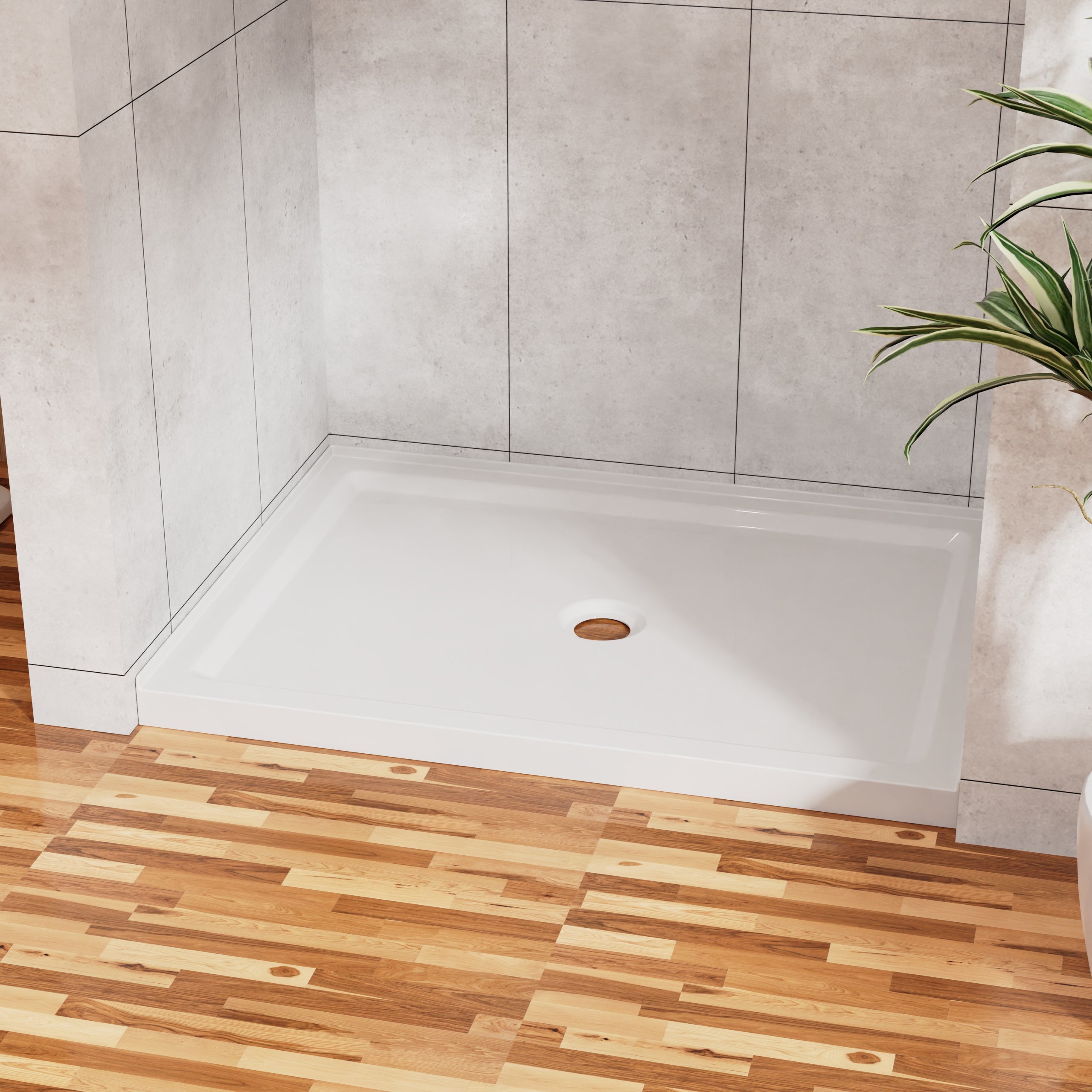 48" x 32" Acrylic Shower Base with Center Drain, Non-Slip Single Threshold Design