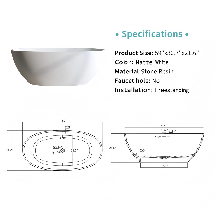 55"/59"/63"/67"/71" Freestanding Solid Surface Soaking Bathtub with Center Overflow
