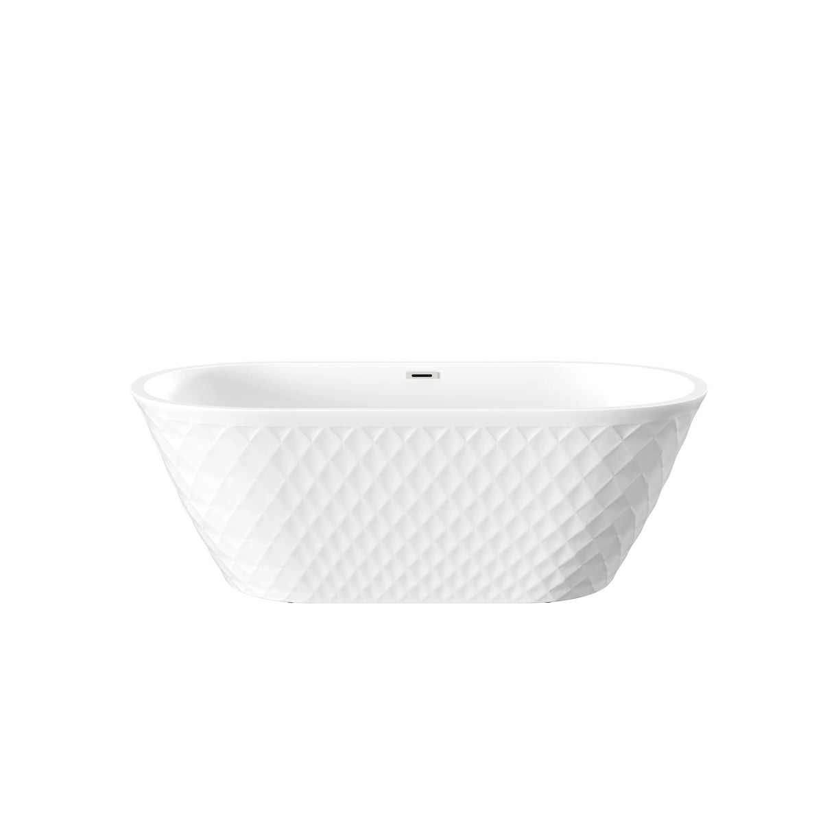 59" Gloss White Diamond-Pattern Exterior Acrylic Freestanding Bathtub with Chrome Overflow and Pop-Up Drain