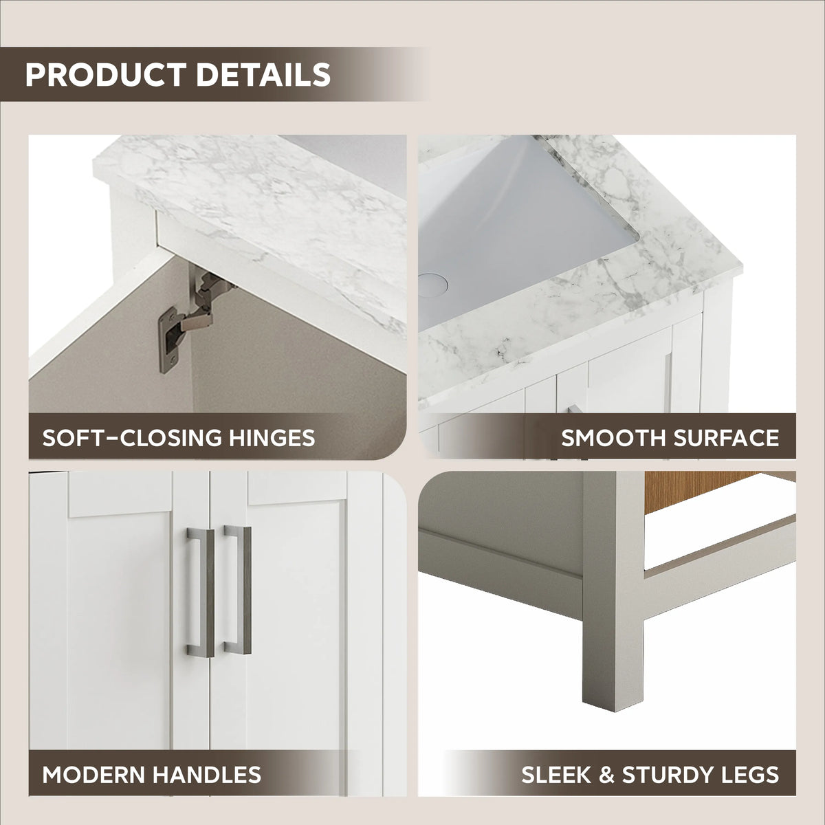 24" Freestanding Single Sink Bathroom Vanity with Solid Wood Frame & Engineered Stone Top