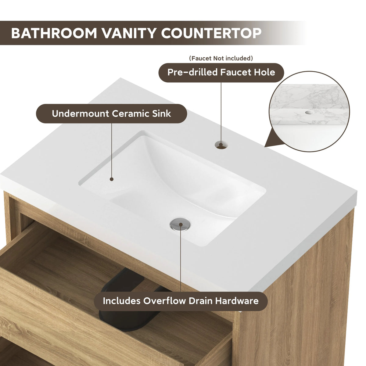 30" Wall-mount Single Sink Bathroom Vanity with Marble Top