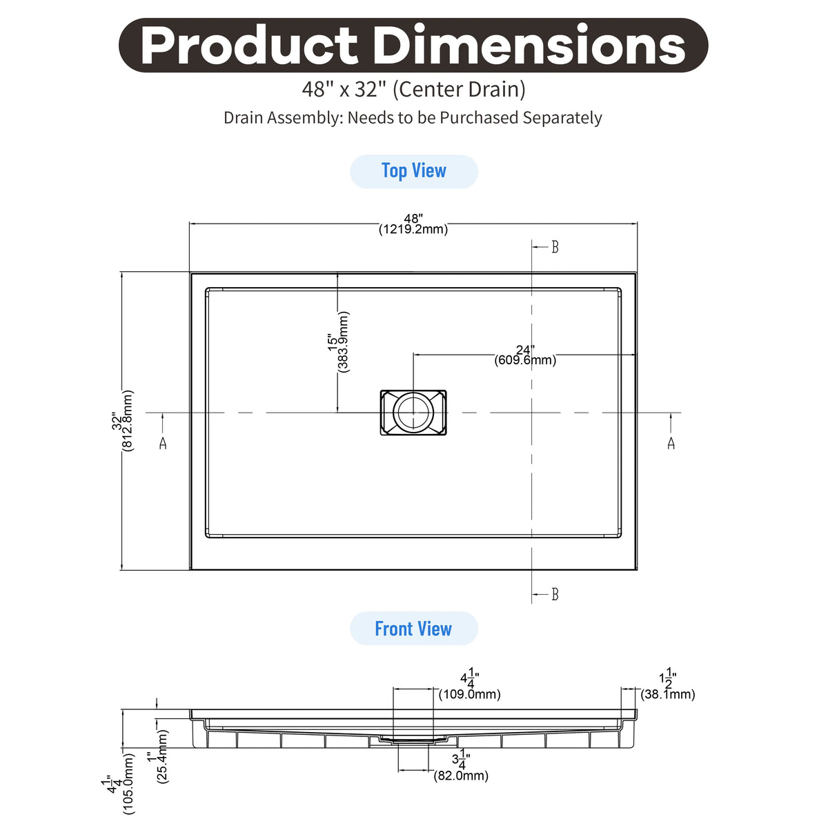 36"-60"x30"-36" White SMC Shower Base with Flamed Rock Slip-Resistant Surface, Center Drain