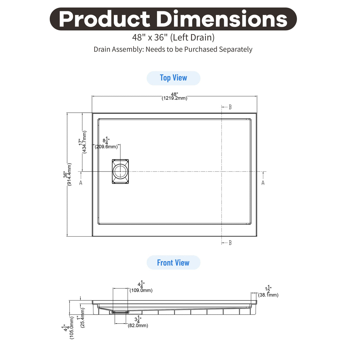 48"/60"x30"-36" White SMC Shower Base with Flamed Rock Slip-Resistant Surface, Left/Right Drain
