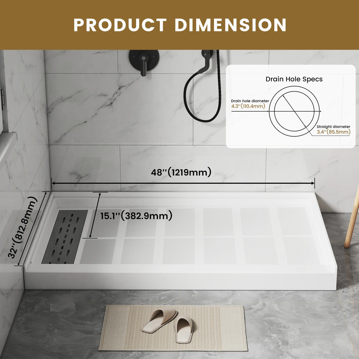 48"/60" x 30"/32"/36" White SMC Rectangular Shower Base with Non-Slip Texture, Left/Right Drain