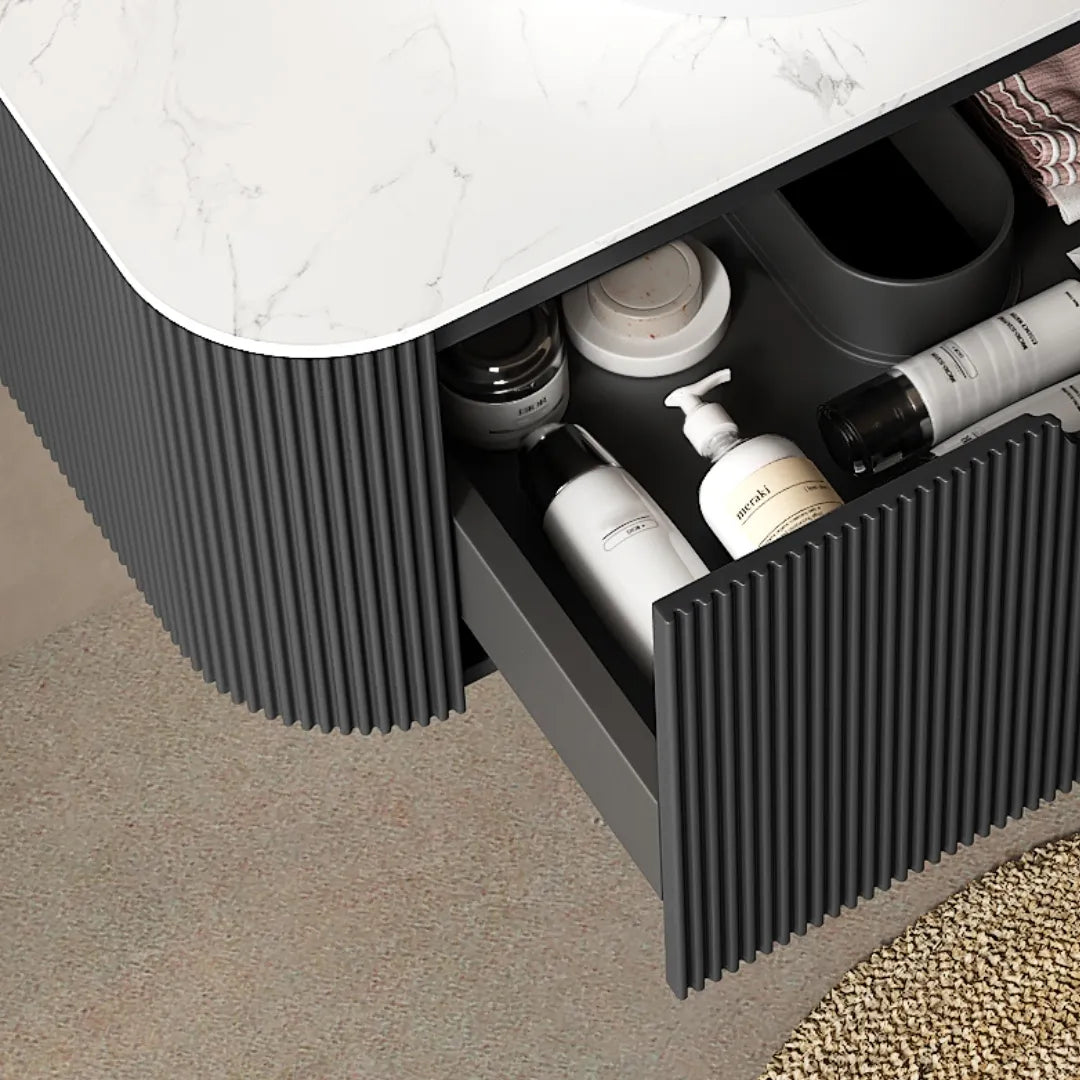 48" Black Floating Bathroom Vanity with Stone-Pattern Ceramic Vessel Sink and Carrara White Sintered Stone Top