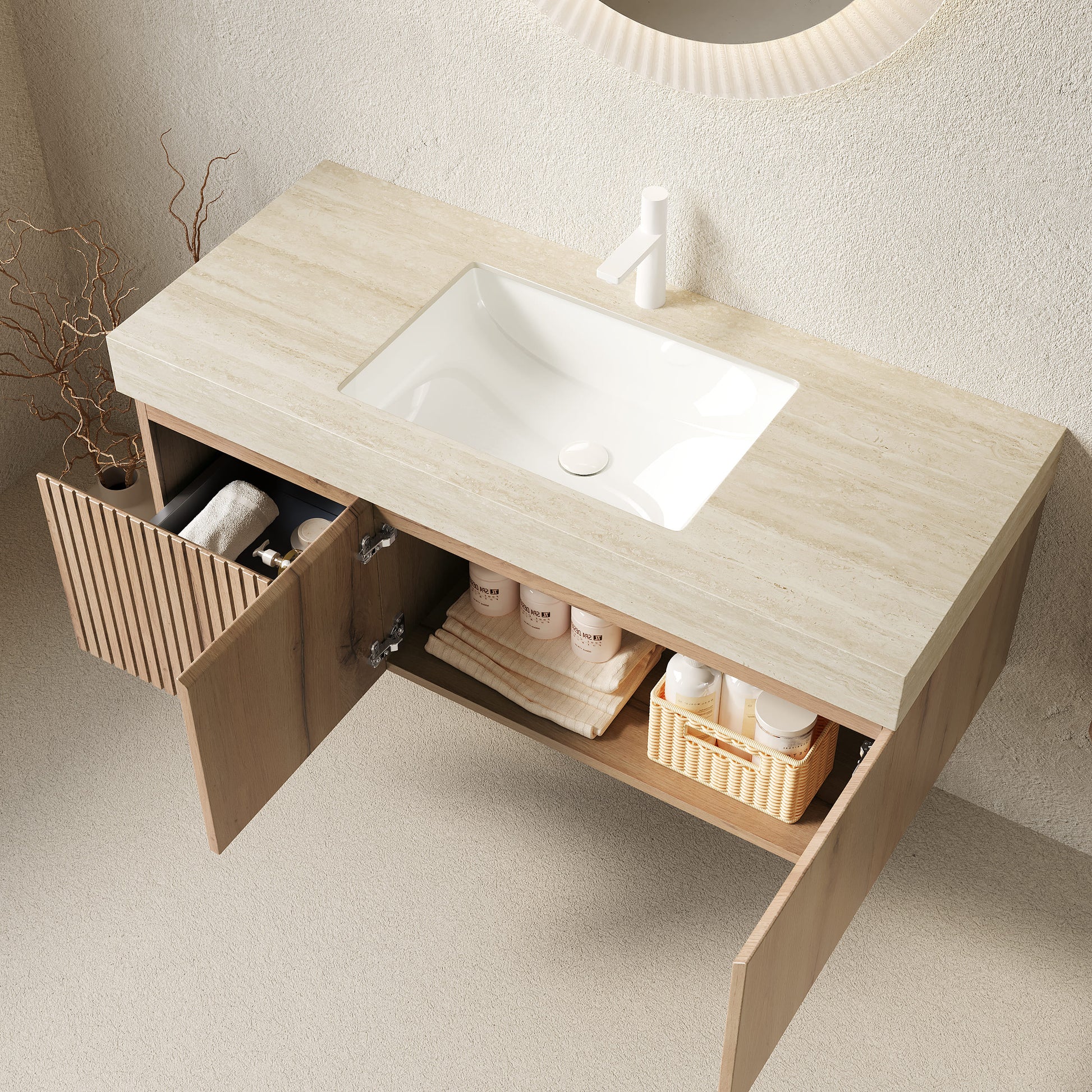48 in. Floating Bathroom Vanity with Drawer and Doors, Sintered Stone Top and Ceramic Undermount Sink, Brown Oak or White Oak Woodgrain