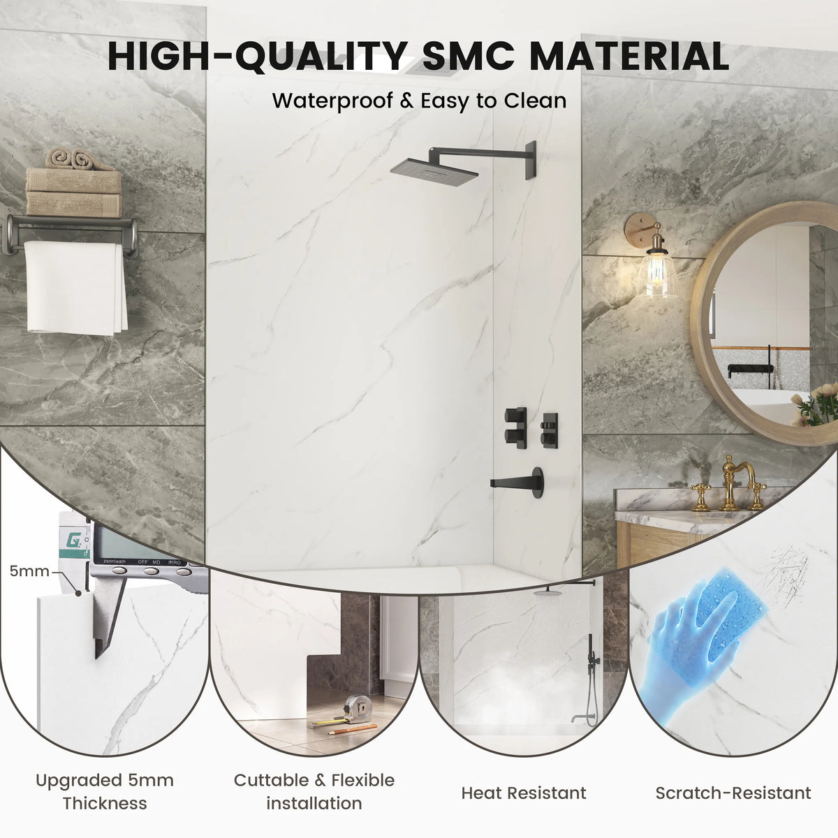 48"x36"x96" Calacatta/Cararra White SMC Shower Wall Panel System, Waterproof Grout-Free Shower Surround