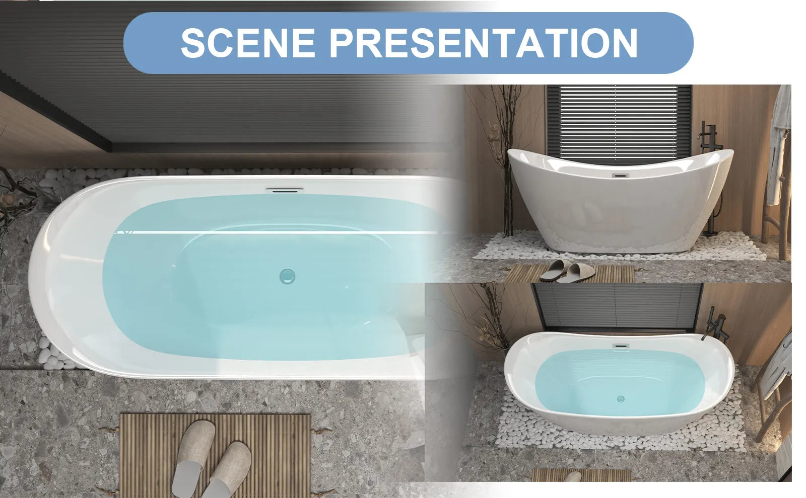 59" Gloss White Acrylic Double-Slipper Freestanding Bathtub with Chrome Overflow and Pop-Up Drain