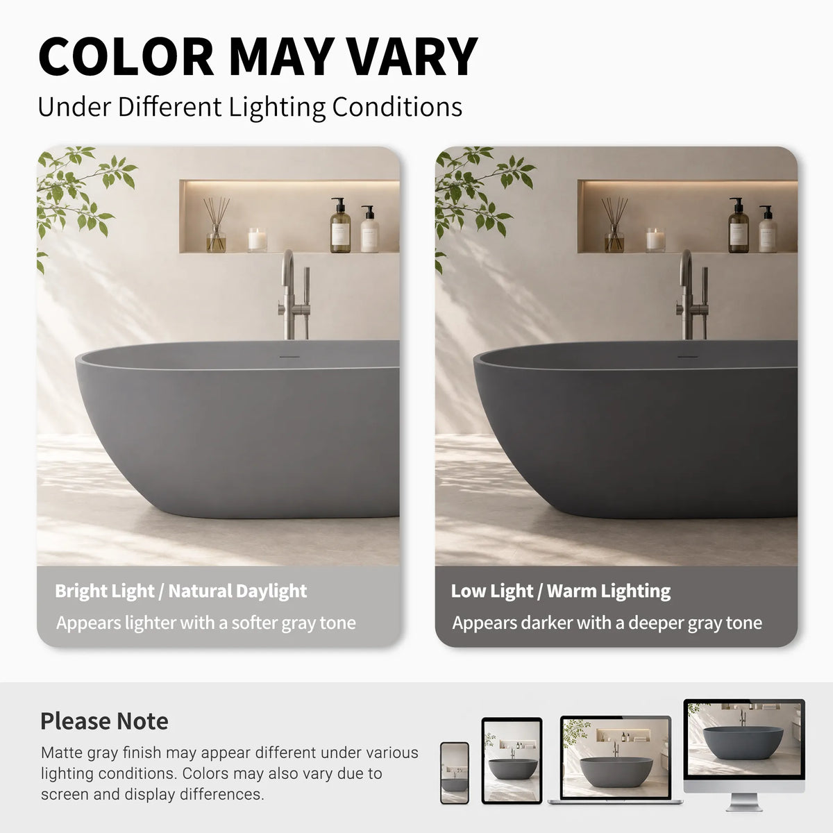 59" Matte Gray Solid Surface Freestanding Soaking Bathtub with Overflow & Pop-Up Drain