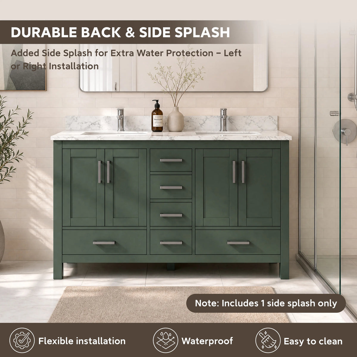60" Deep Olive Green Double Sink Bathroom Vanity with Engineering Stone Top & 2 Basins
