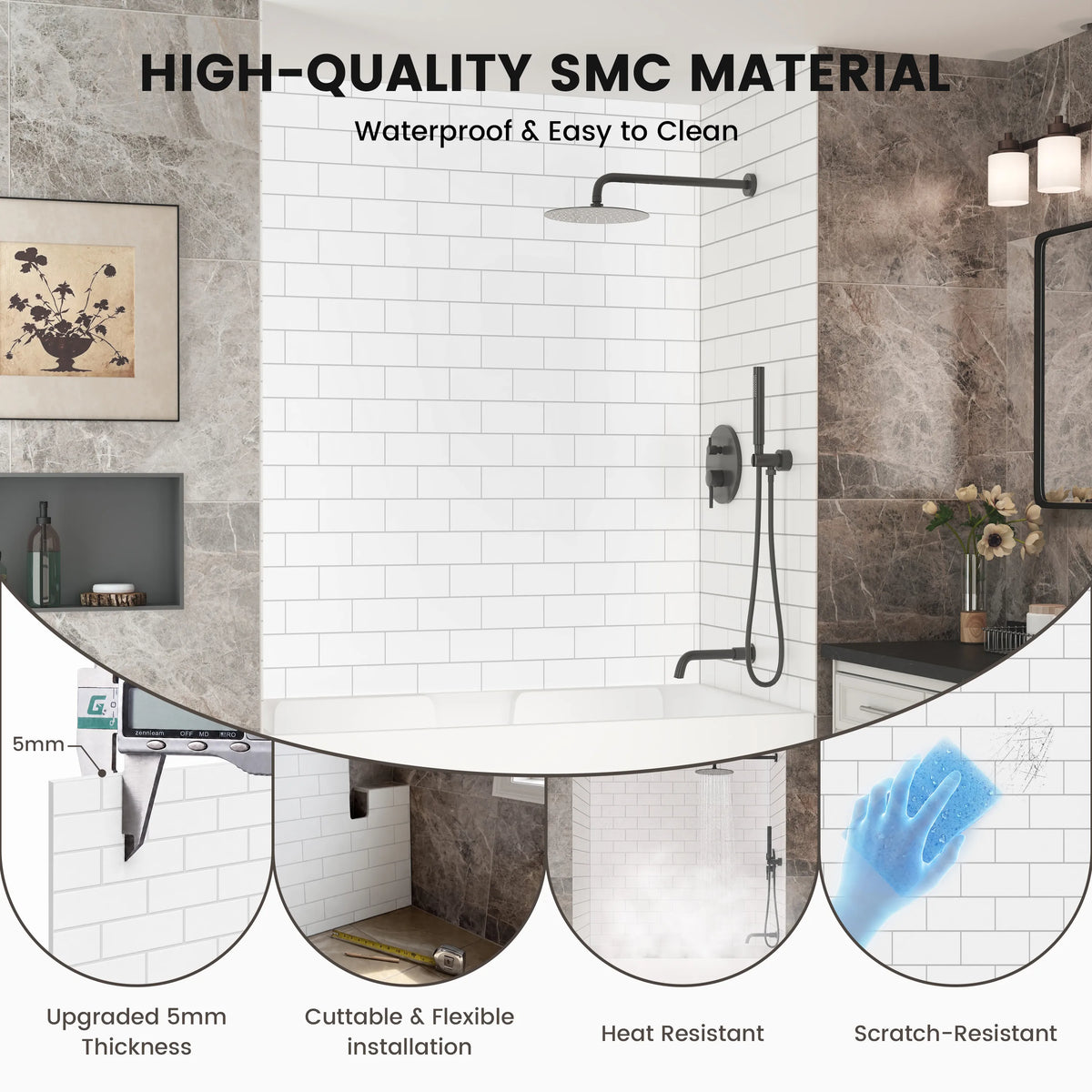 60"x32"x96" Matte/Glossy Surface SMC Shower Wall Panel Kit with Small Subway Tile Pattern