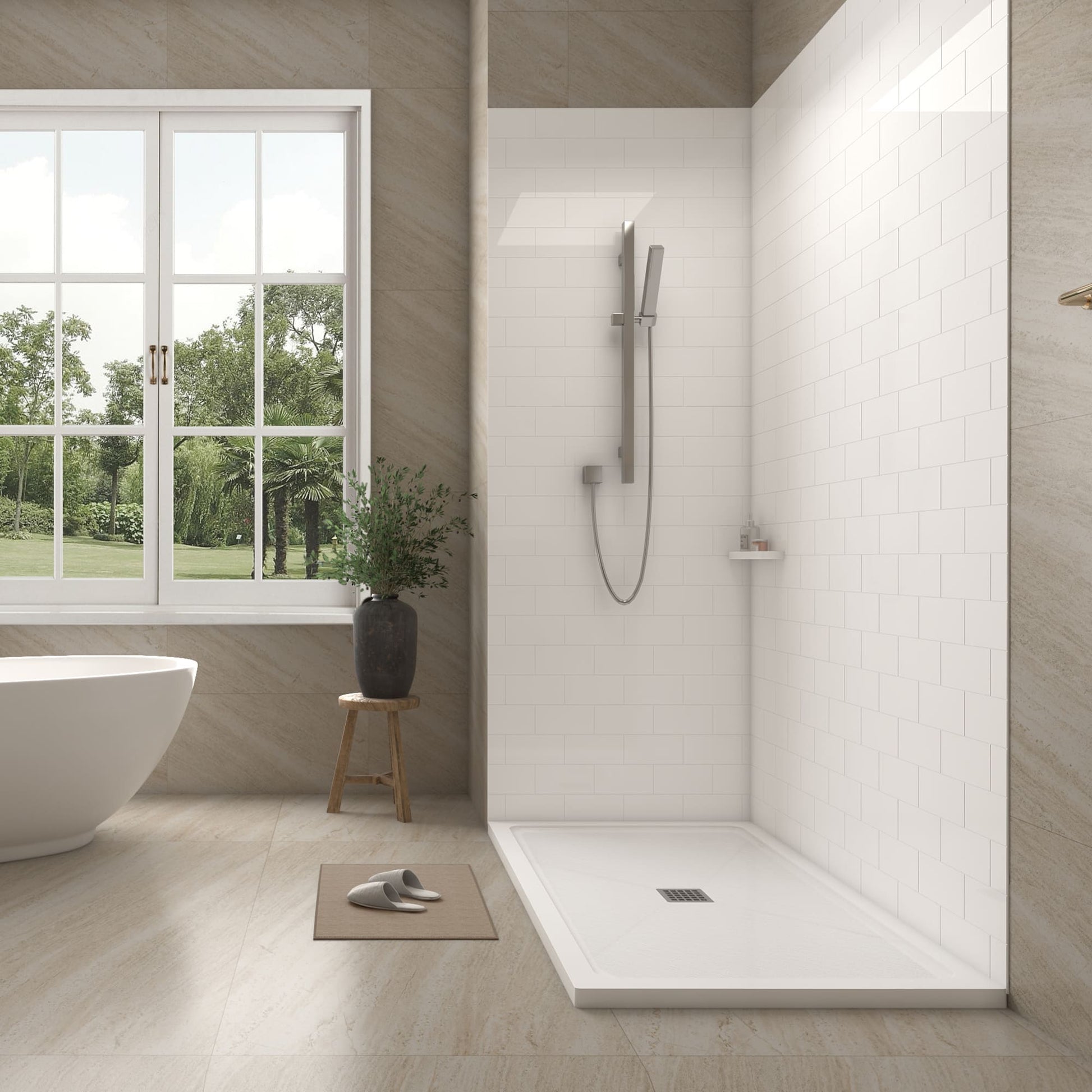 60"x32"x96" SMC Shower Wall Panel Kit with Small Subway Tile Pattern with Matte White / Glossy White Finish