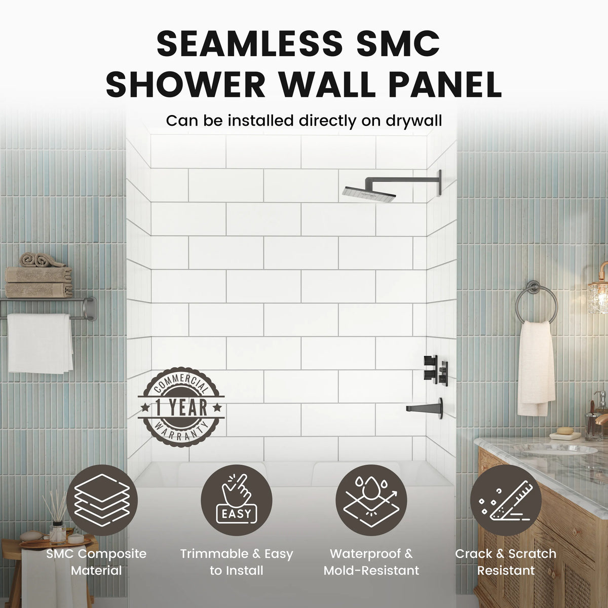 60"x36"/48"x96" Medium Tile Pattern SMC Shower Wall Panel System in 4 Finishes