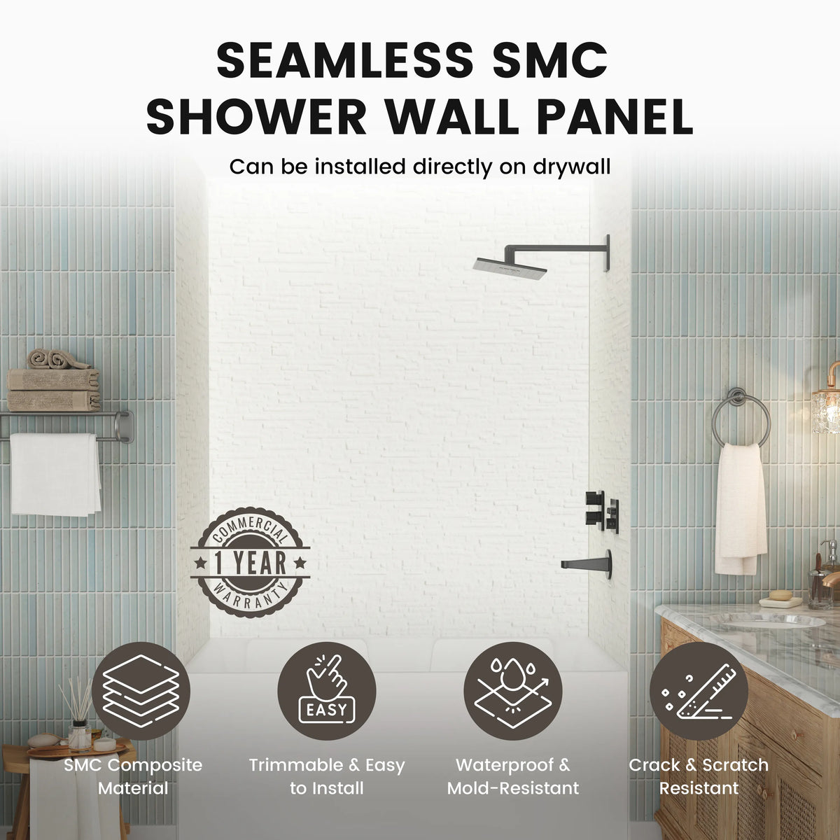 60"x36"/48"x96" Waterproof SMC Shower Wall Panel Kit with Slate Rock Texture