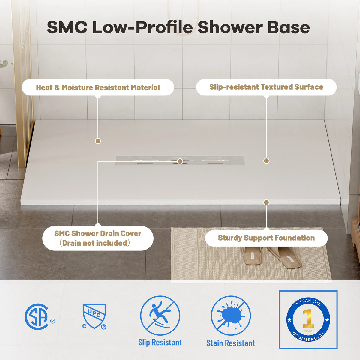 60"x36" White/Calacatta Curbless SMC Shower Base with Flamed Rock Slip-Resistant Surface, Center Drain
