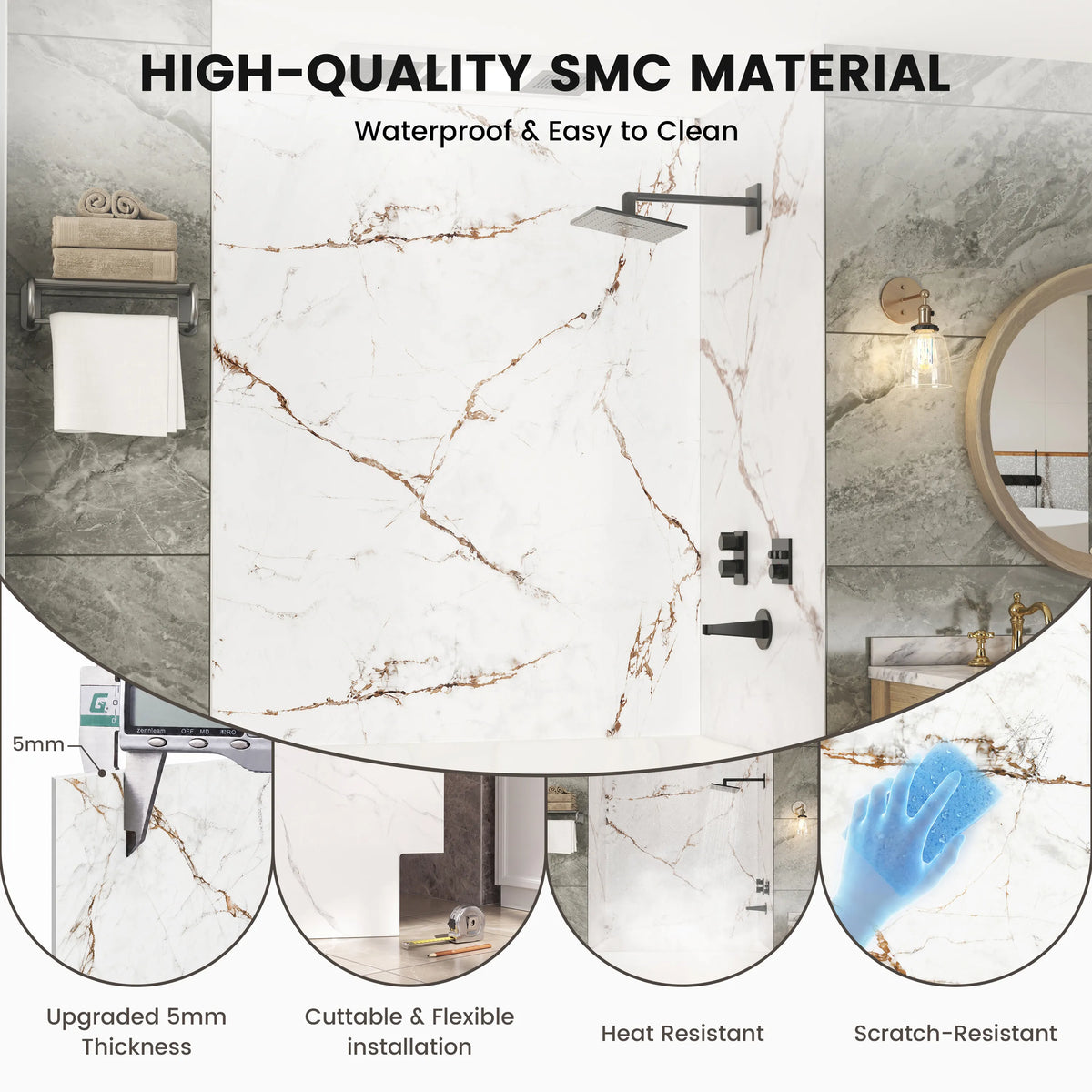60"x36"x96" SMC Shower Wall Panels, Waterproof Grout-Free Shower Surround in 4 Finishes