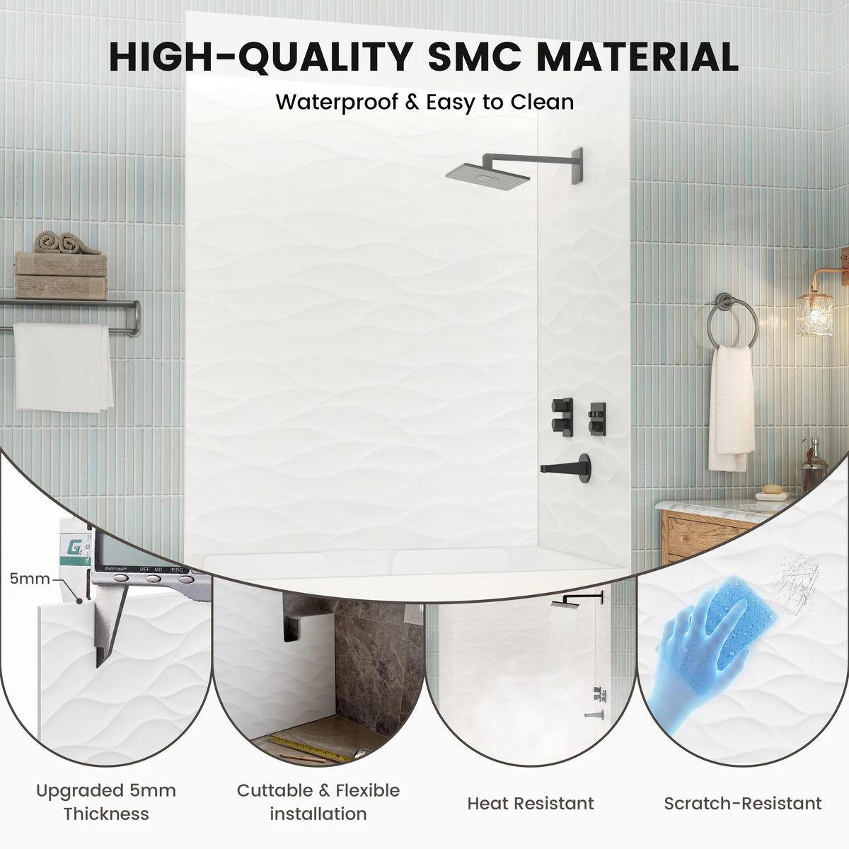 60"x36"x96" White SMC Shower Wall Panel Kit with Wave Texture, Waterproof Grout-Free Design
