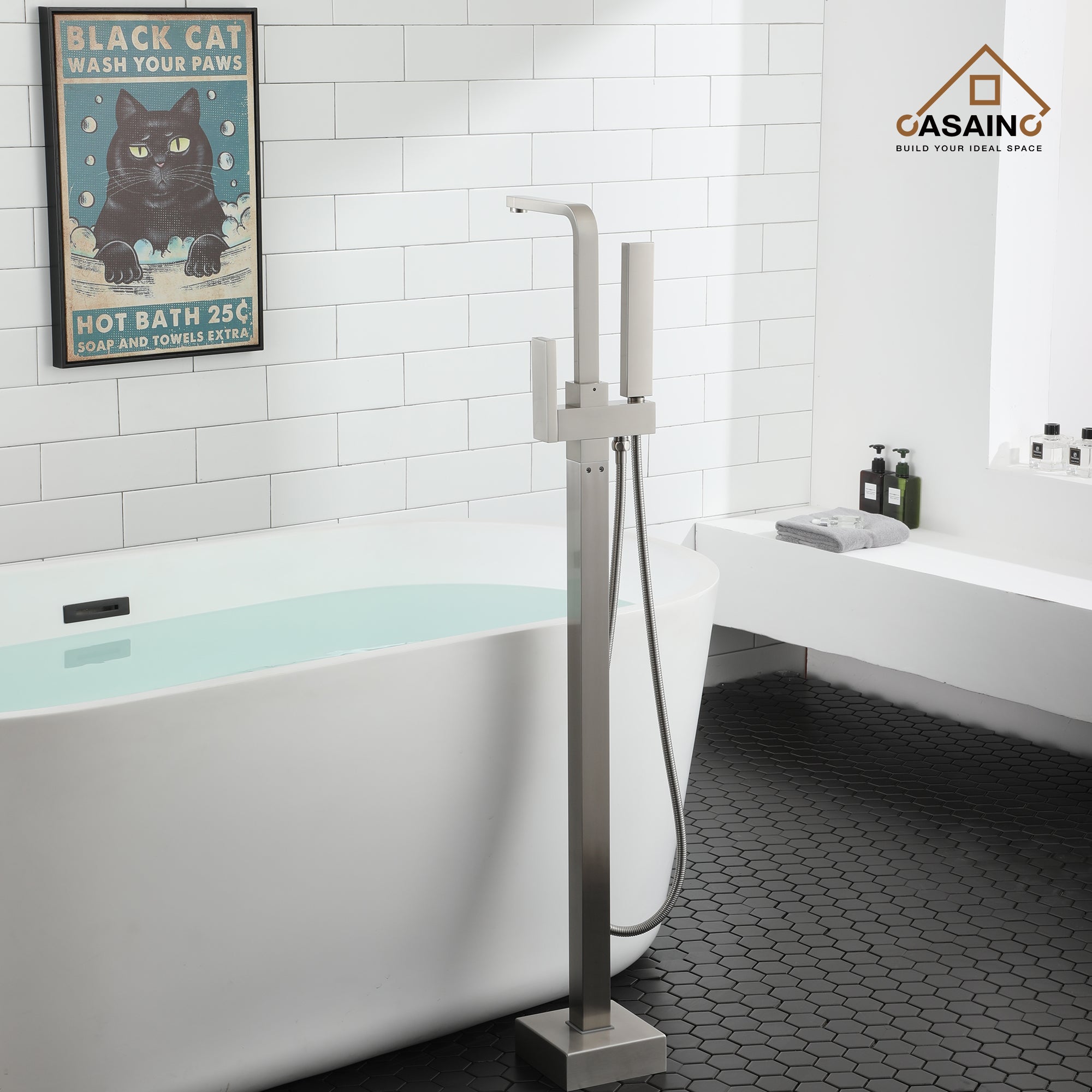 Floor Mount Tub Filler with Handheld Shower Head